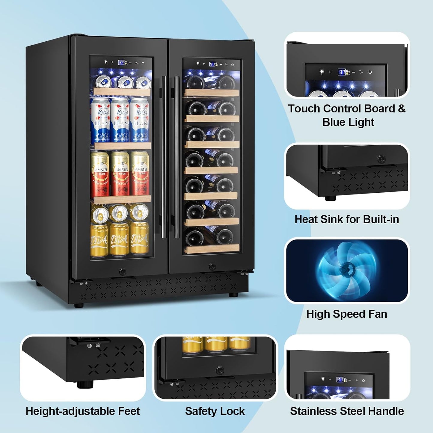 Wine and Beverage Refrigerator with Glass Door, 24-Inch Dual Zone Wine Fridge Under-Counter,4.6 Cu.Ft. 65 Cans and 20 Bottles Wine Cooler,Built-in or Freestanding Wine and Drink Fridge with Blue Light