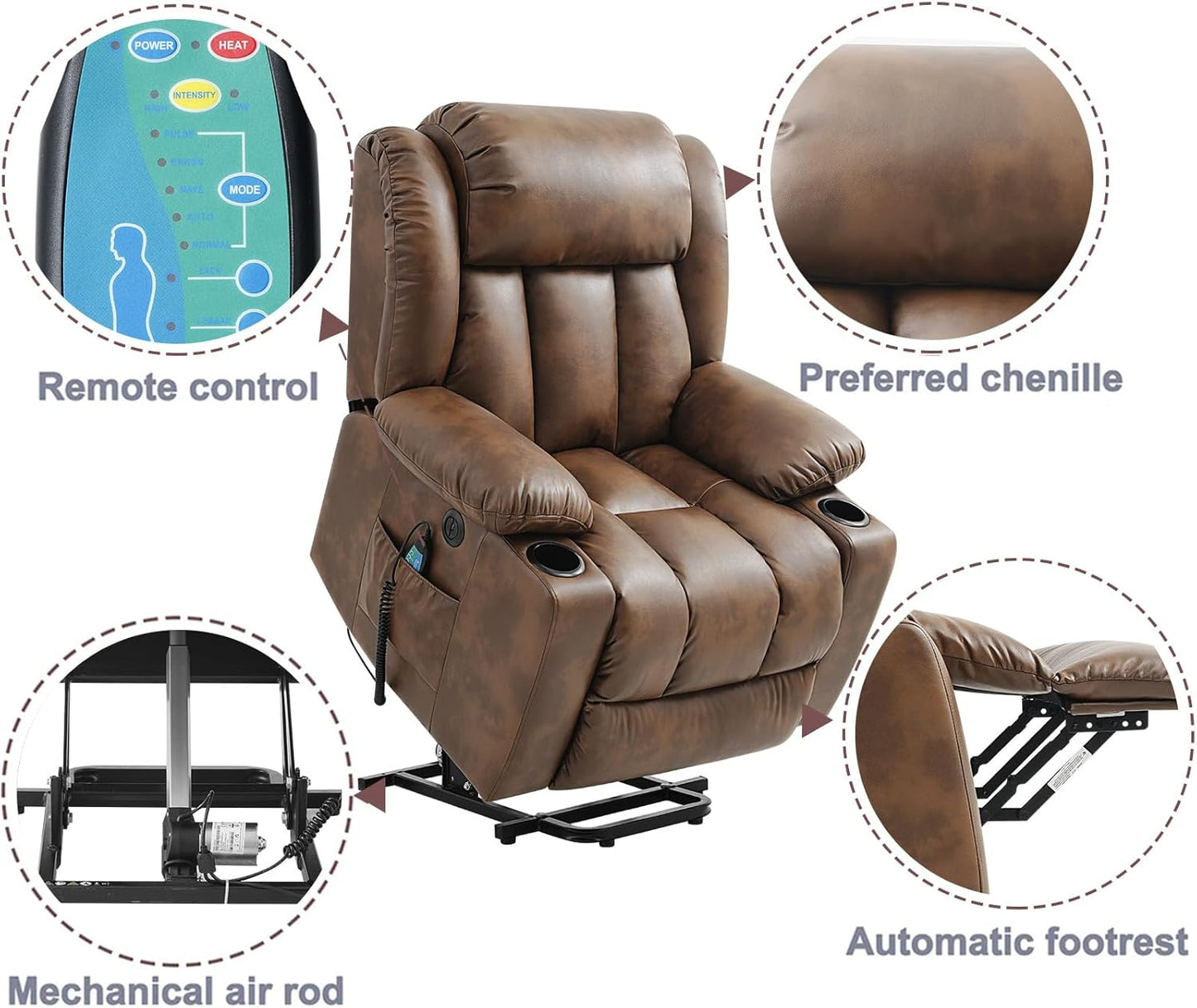 Power Lift Recliner Chair for Elderly Breathable Leather Recliner Chair with Massage and Heat for People Limited Mobility,2 Cup Holders,Electric Stand Assist,USB Ports,Gifts for Family (Ochre)