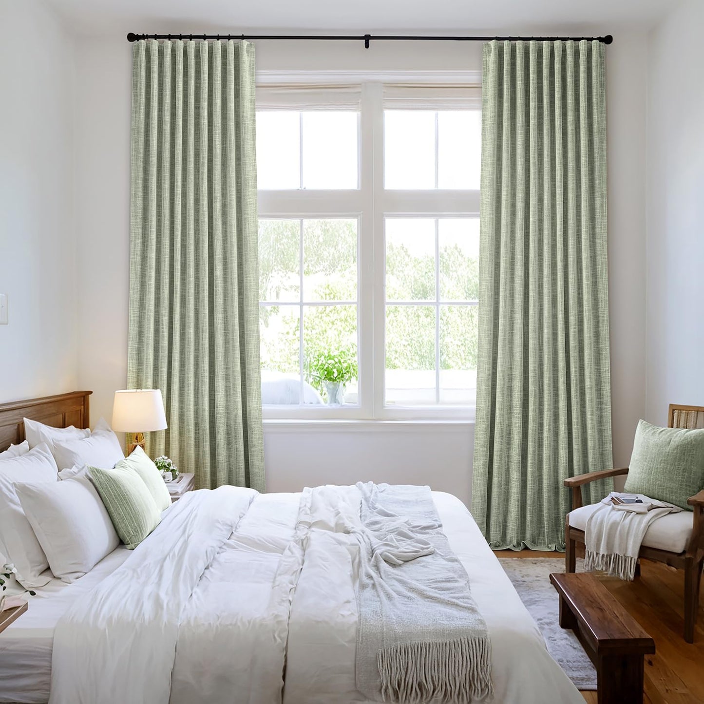 MIULEE Sage Green 100% Blackout Linen Curtains 108 Inch 2 Panels Set Double Sided No Coating Pleated Back Tab Black Out Extra Long Thermal Insulated Pinch Pleat Bedroom Living Room Darkening Drapes