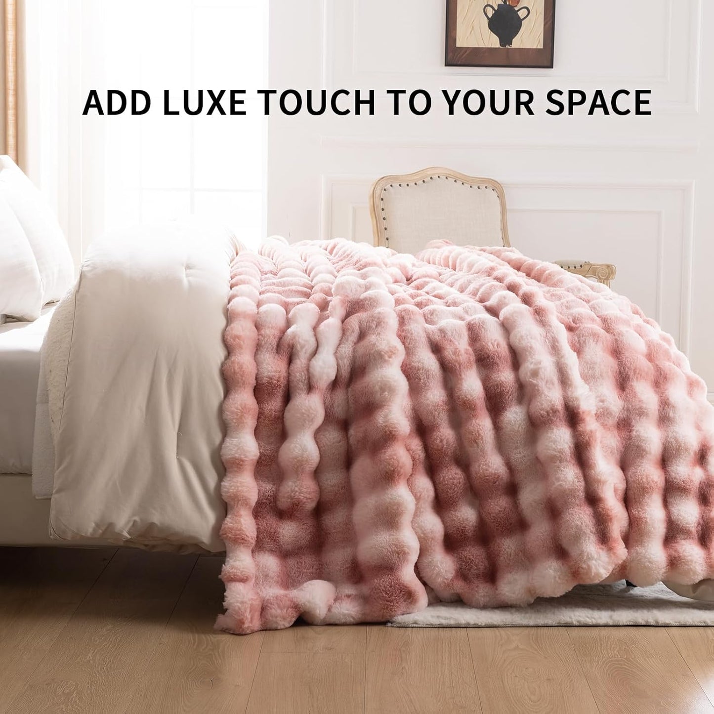 Cozy Faux Fur Throw Blanket for Couch-Warm Fuzzy Throw Blanket, Soft Plush Thick Bubble Blankets for Bedroom and Living Room, Furry Luxury Blanket, 90 x 108, Tie-Dye Pink