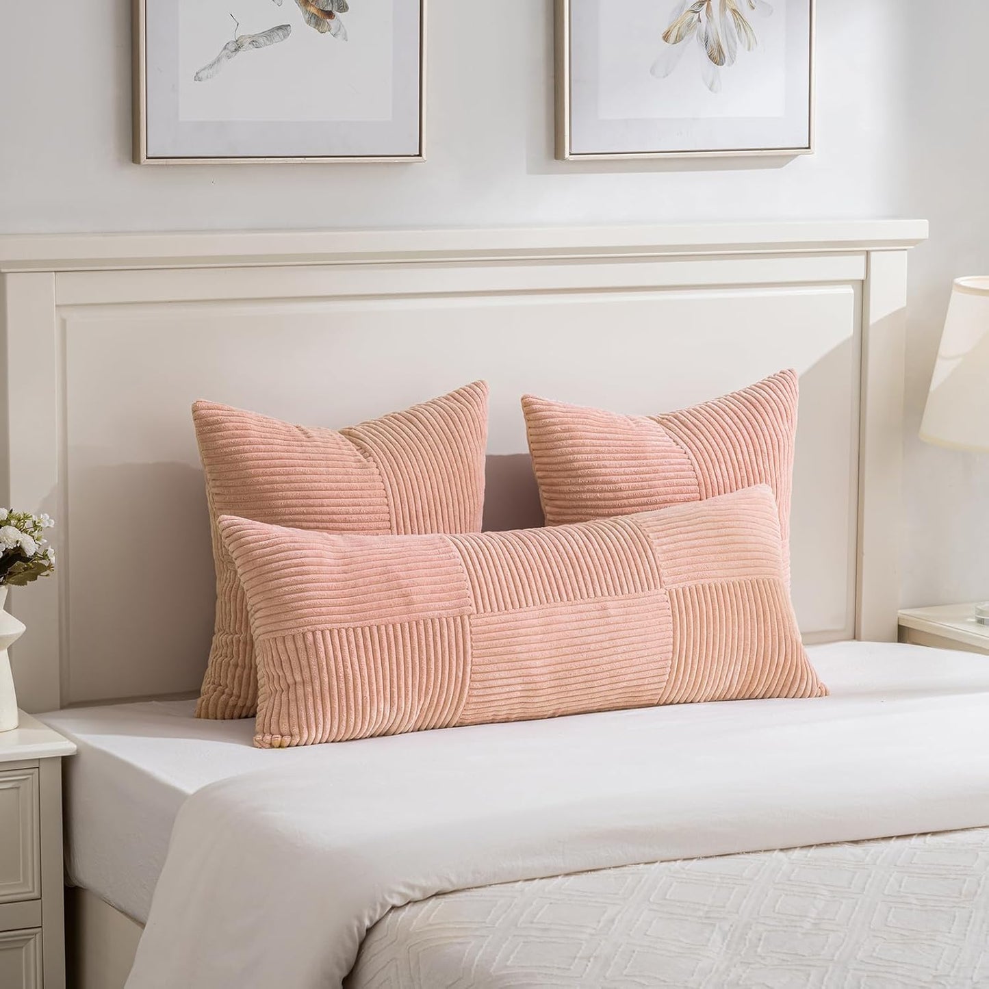 Fancy Homi 2 Packs Peach Big Decorative Throw Pillow Covers 24x24 Inch for Couch Bed Sofa, Rustic Farmhouse Boho Home Decor, Soft Corss Corduroy Patchwork Accent Square Cushion Case 60x60 cm