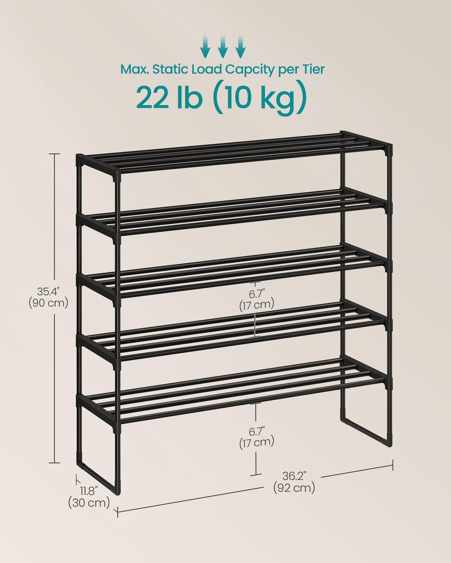 SONGMICS Shoe Rack, 5-Tier Shoe Organizer, Metal Storage Shelf, Upright or Upside Down, for 20-25