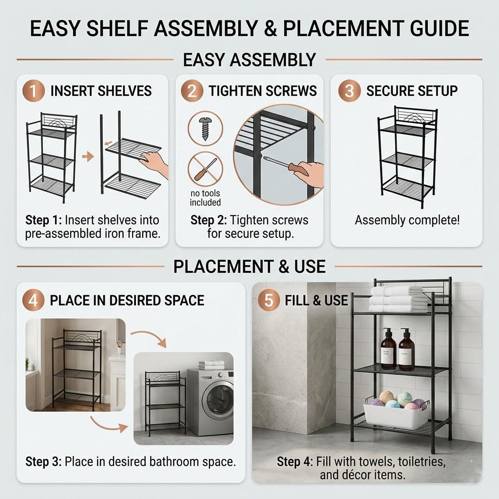 Bath Bliss 3 Tier Freestanding Bathroom Storage Shelf, Black Metal Organizer Rack | Rust Resistant