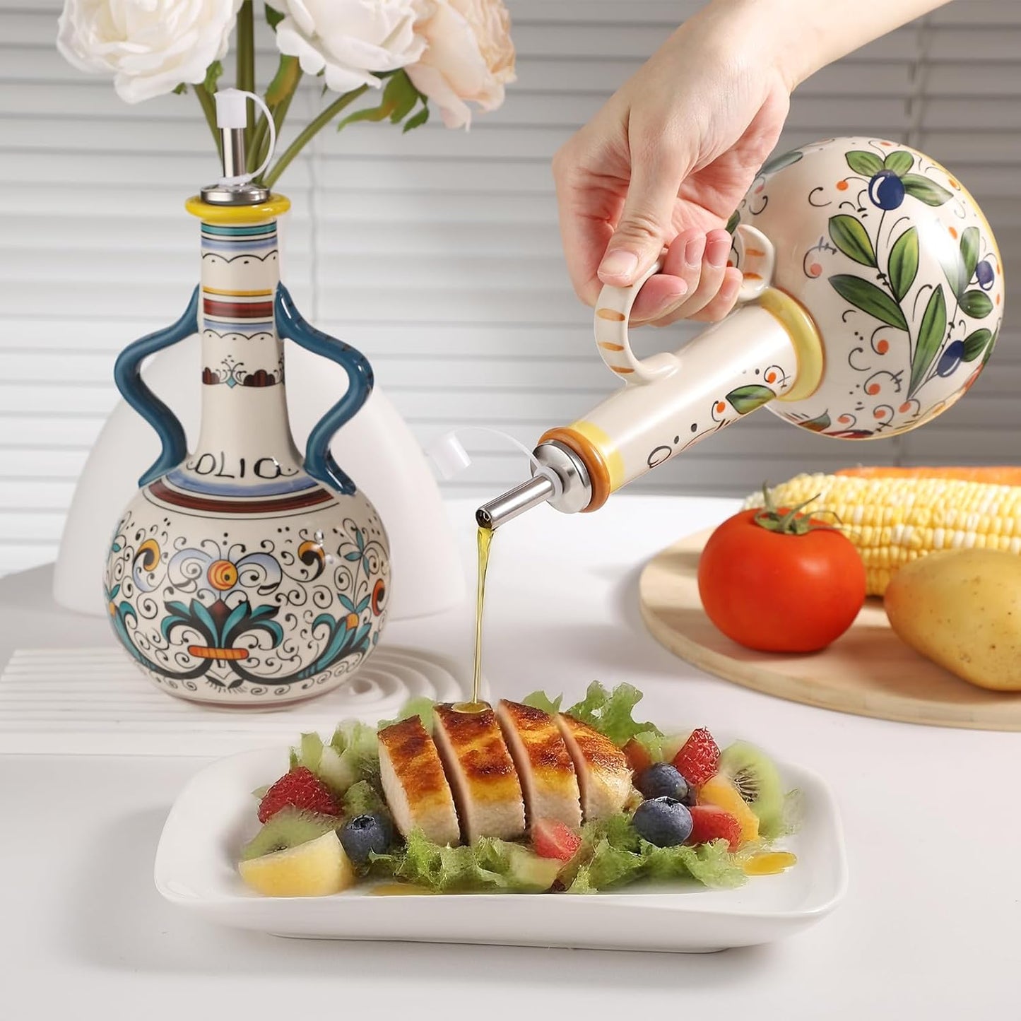 Ceramic Olive Oil Dispenser Bottle 23oz with Handles, Hand Painted Multi-Use Oil Cruet & Flower Vase, Decorative Stoneware Kitchen Cruet with Stainless Steel Spout for Oils, Sauces, Vinegar (A)