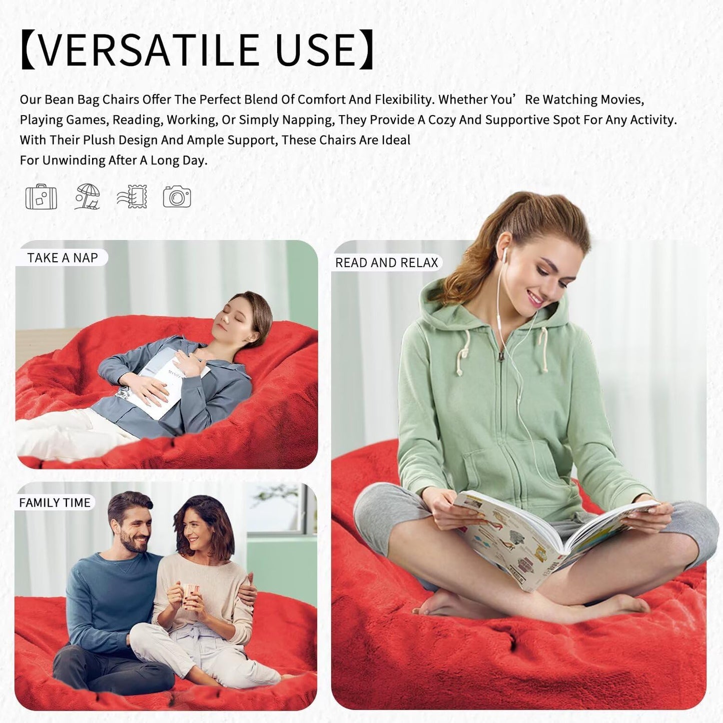 Bean Bag Chair for Adults 7FT,Soft Removable Cover for Teens/Girls Bedroom,Fluffy Giant Round Floor Beanbag Lounger Chairs (No Filler,Big Red)