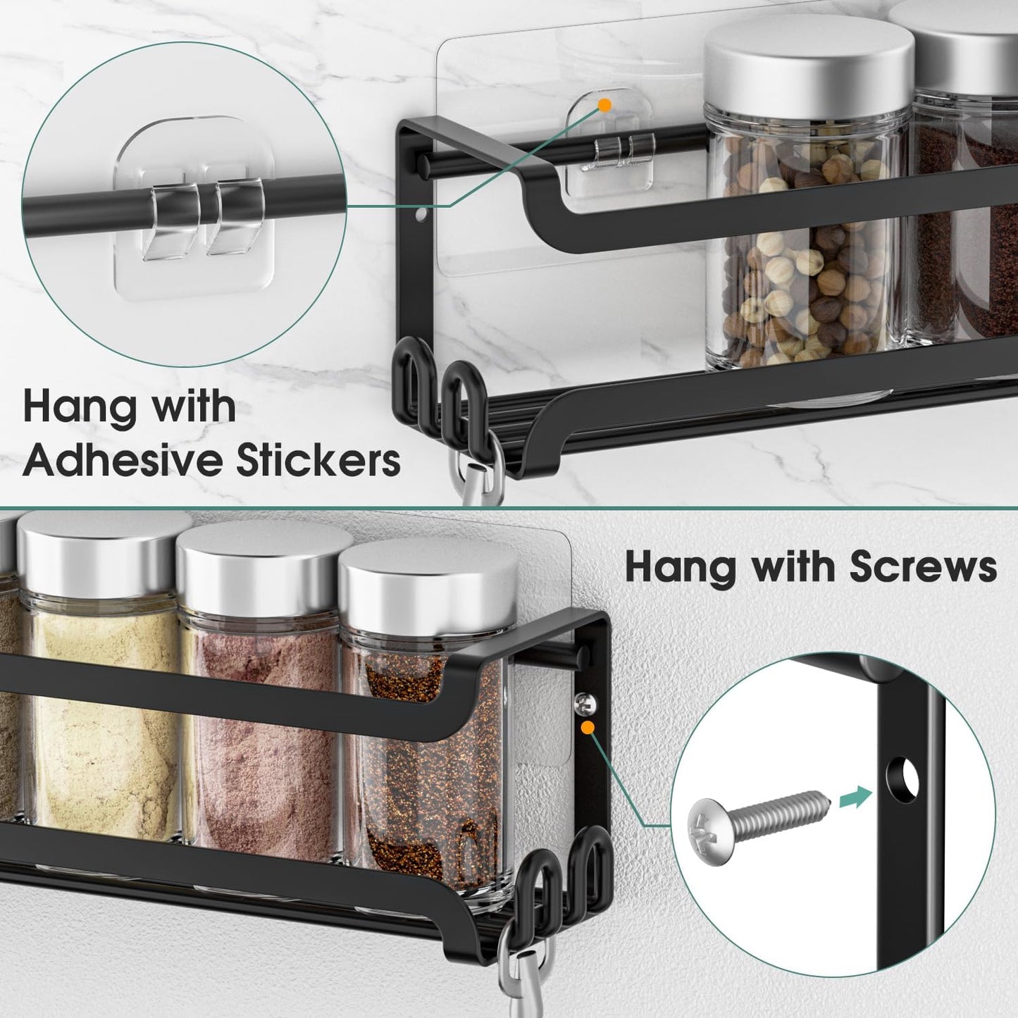 LUCYCAZ 2 Pack Wall Mounted Spice Rack with 16 Hooks, Spice Organizer Shelf for Stove Cabinet Pantry Door,Screw or Adhesive Spice Shelf Hanging Wall Spice Rack in Kitchen and RV (Black, 2 PACK)