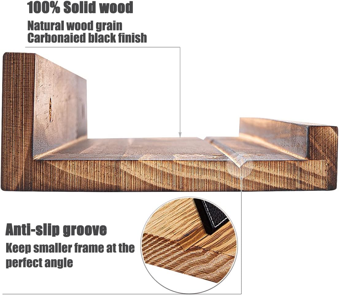 AZSKY Picture Ledge Shelf Wall Ledge Floating Shelves for Photo Frames Kids Book Shelves Wall Mounted Burnt Wall Display Shelf Wooden Frame Ledge 48 Inches Set of 3 Bathroom Organizer Shelves