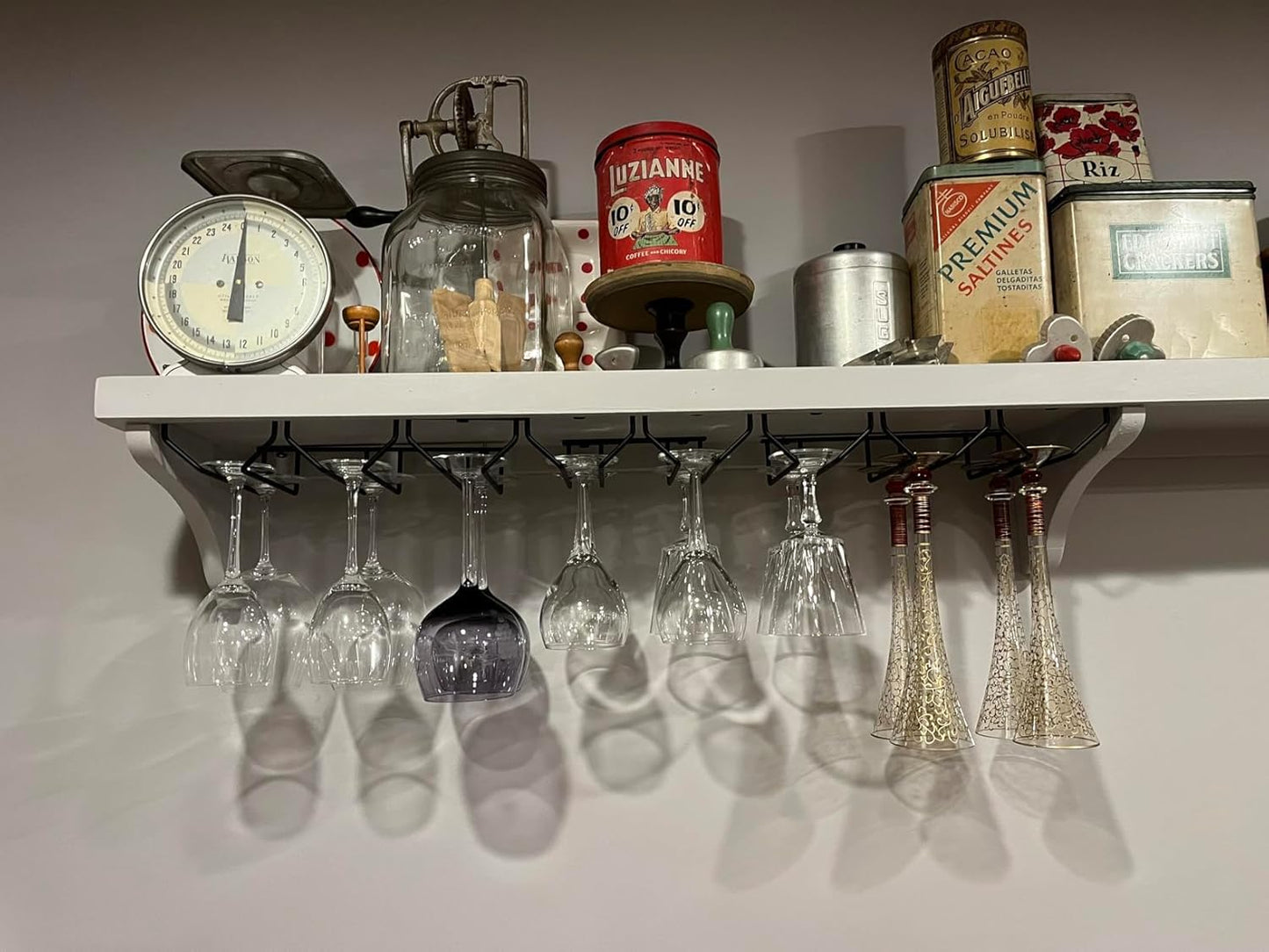 7 Inch Black Wine Glass Rack, Under Cabinet Wine Glass Holder, Wine Glass Hangers Under Shelf, Stemware Rack, Hanging Stemware Holder for Cabinet Kitchen Bar, Set of 4