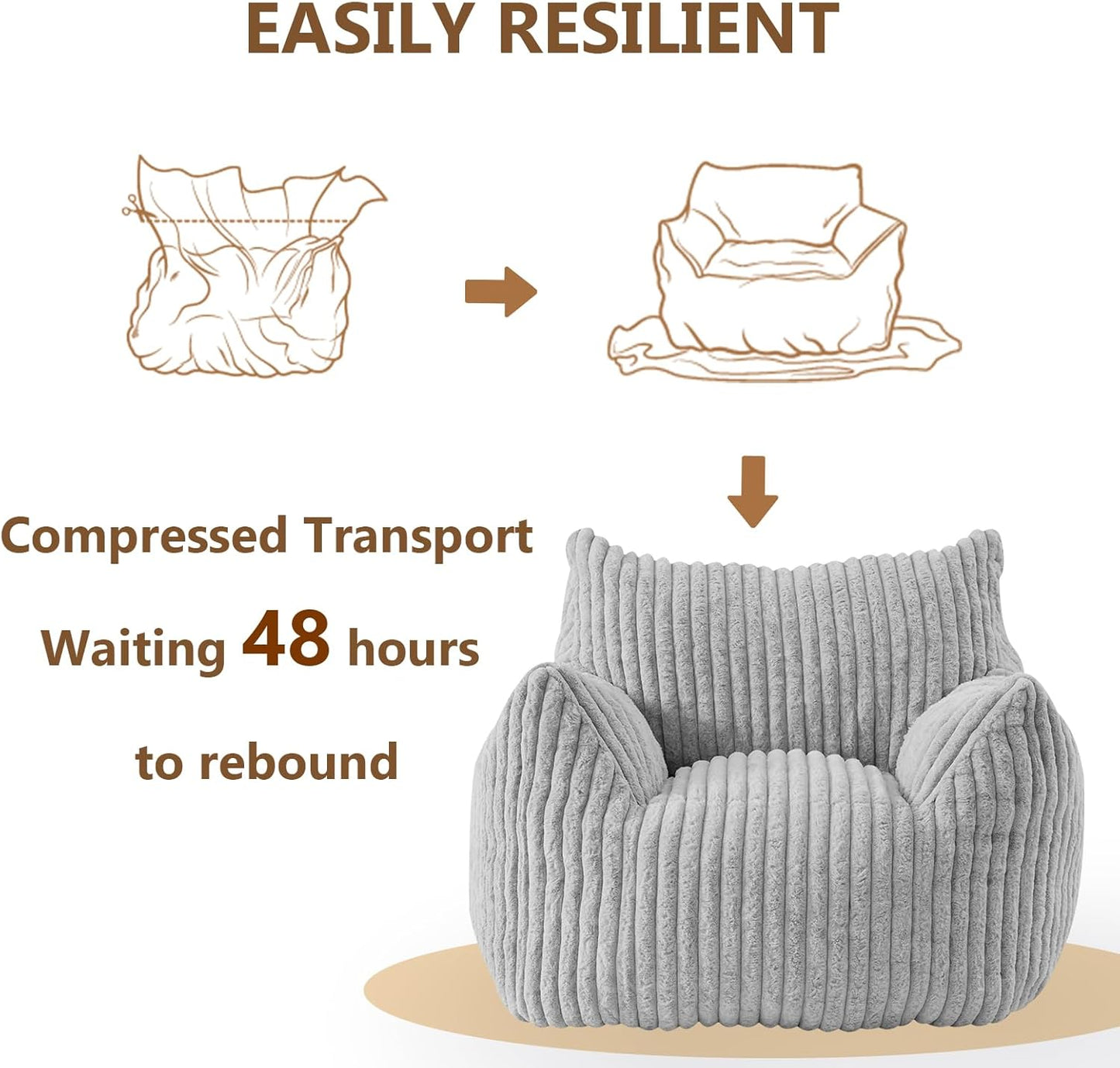 Giant Bean Bag Chairs for Adults Teens, Large Bean Bag Sofa Chairs with Filling Comfy Fuzzy BeanBag Chair with Armrests for Bedroom Living Room Reading (Light Gray, Large)