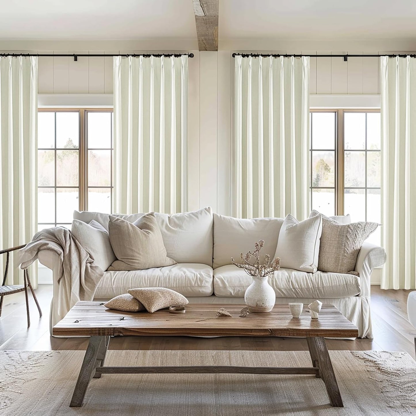 Cream White Blackout Drapes 96 Inches Long 2 Panels, Linen Room Darkening Fabric Thick for Bedroom Viral Pinch Pleated Window Curtains 96 Inches Long with Hooks Sound Deadening Insulated Thermal Cute