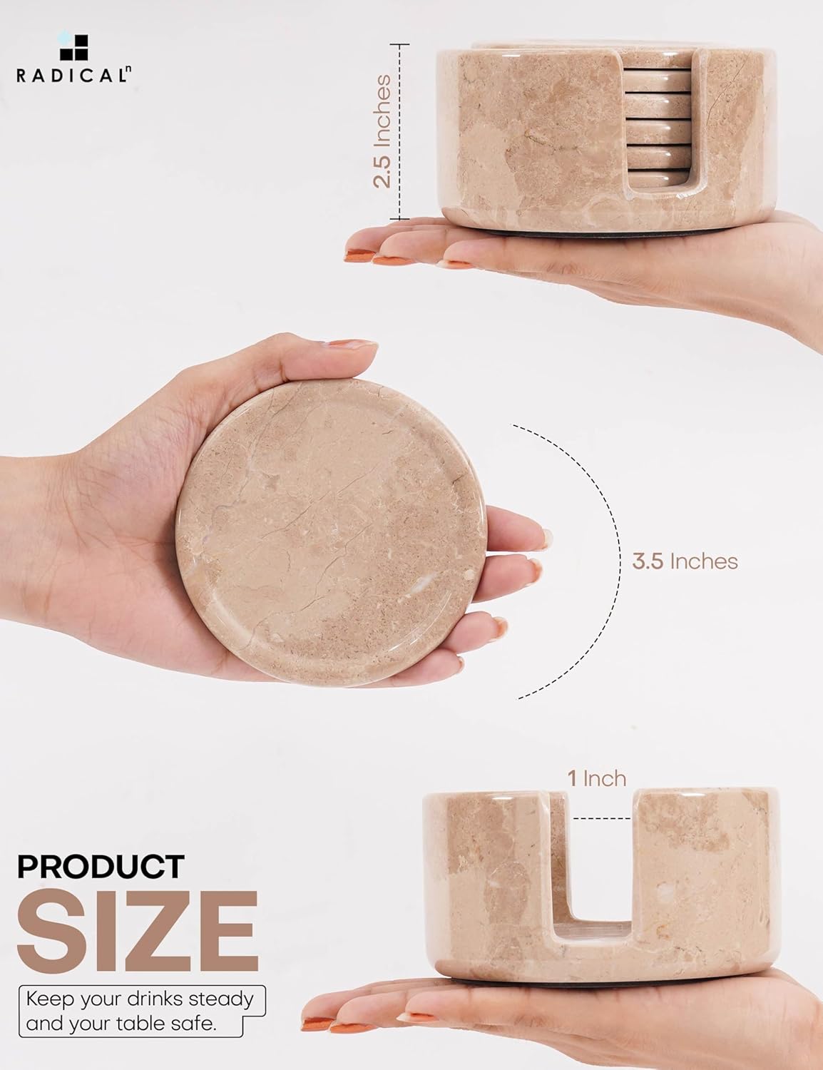 Marble Coasters Set of 6 Verona 3.5 Inch Round Coaster for Drinks with Holder, Drink Coaster for Tabletop & Coffee Table Decor, Ideal Home Decor House Warming Gifts