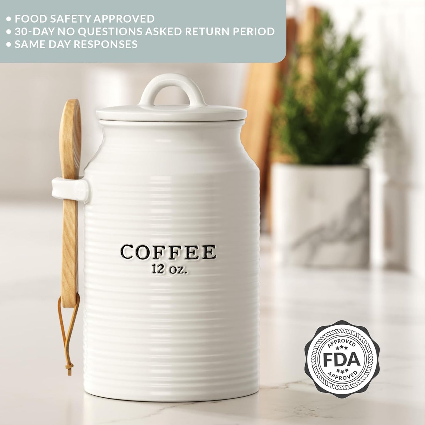 Barnyard Designs Coffee Canister for Kitchen Counter, Decorative Ceramic Coffee Container, Rustic Farmhouse Canister Jar, White (Coffee)