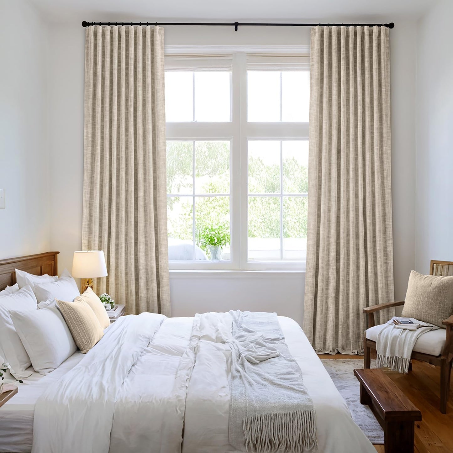 MIULEE Beige 100% Blackout Linen Curtains 100 Inch 2 Panels Set Double Sided No Coating Pleated Back Tab Black Out Long Thermal Insulated Pinch Pleat Bedroom Living Room Darkening Window Drapes