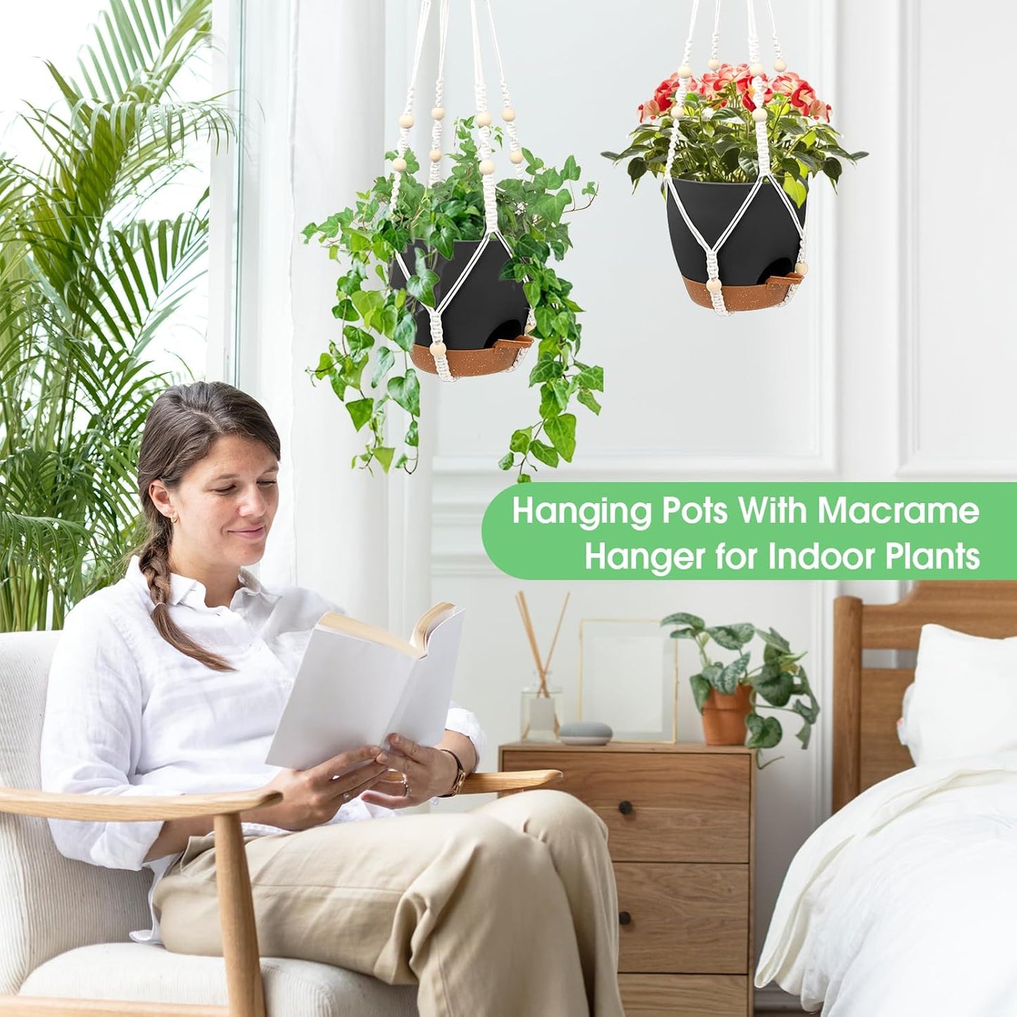 Hanging Planters for Indoor Outdoor Plants, 2 Pack Self Watering Hanging Pot with Drainage Holes, Removable Tray & 2 Kinds of Plant Hangers, 8'' Hanging Flower Pots for Home Garden Decor, Black