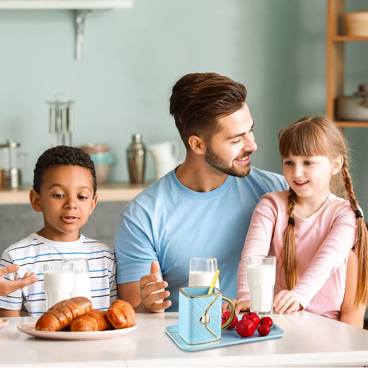 Zubebe 1 Set Coffee Mug Elegant Handbag Shaped Cup Modern Ceramic Purse Mug with Spoon and Saucer, 10oz Cute Creative Tea Cup for Office Home Woman Girls Gift (Blue)