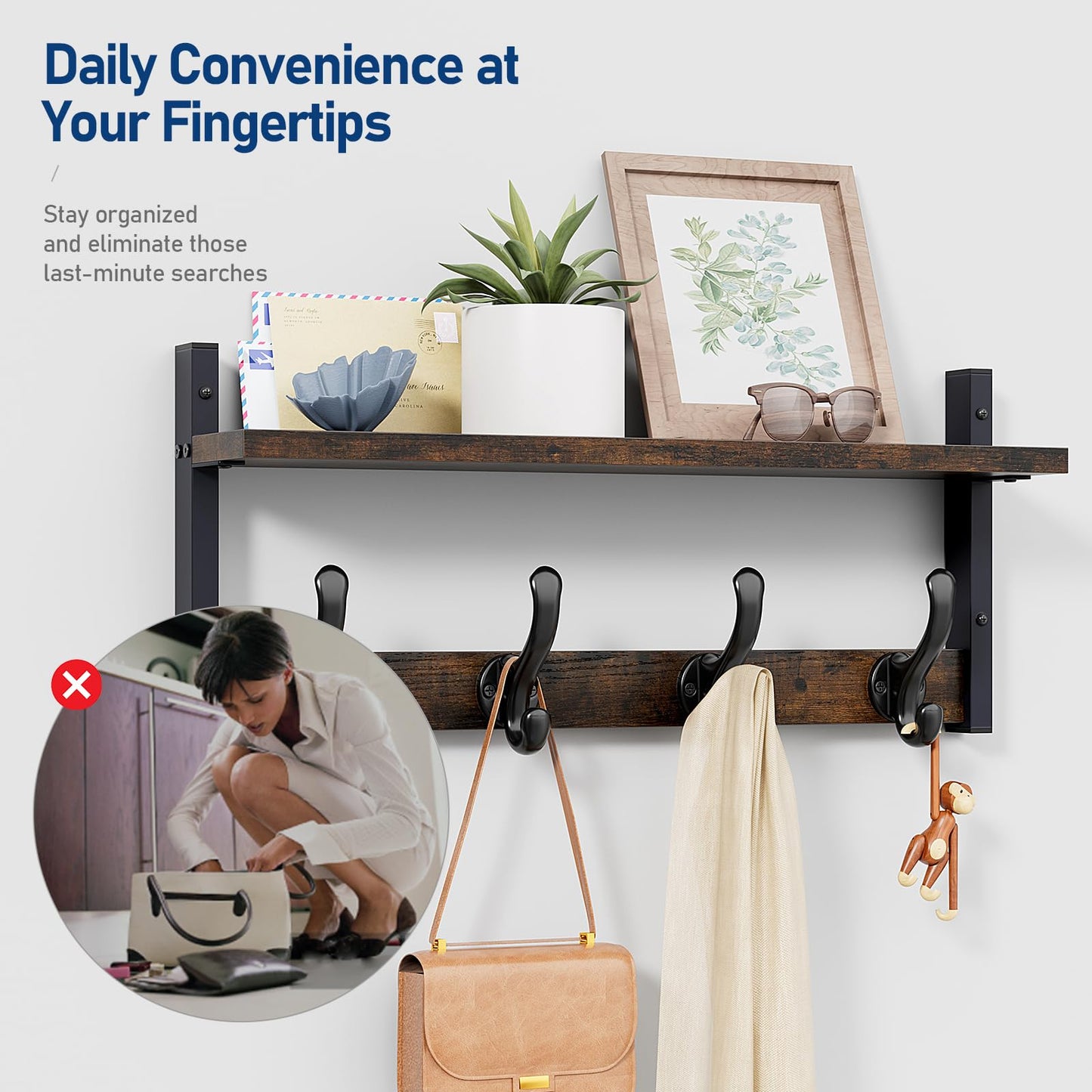 Tatub 20" Rustic Coat Rack Wall Mount with Shelf, Wall Hooks with Shelf, Heavy Duty Entryway