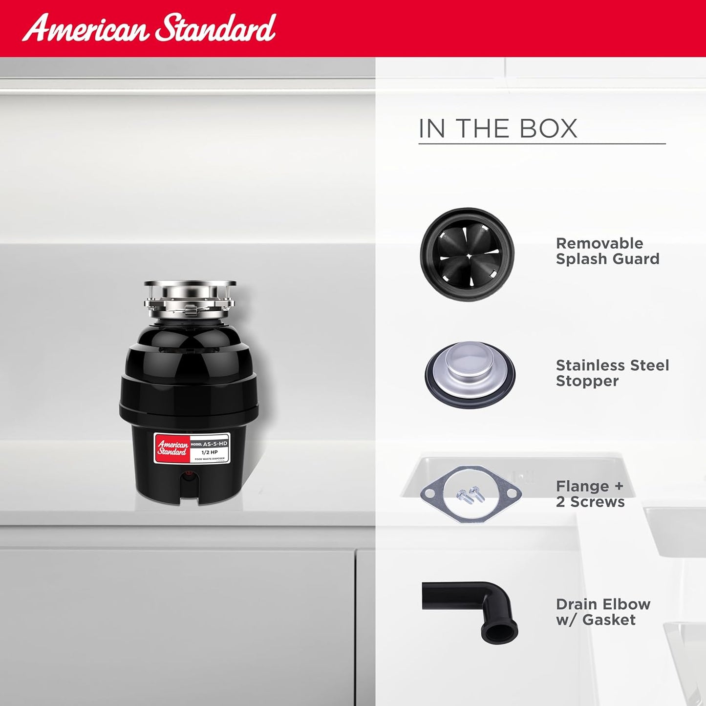 American Standard 10-US-AS-5-HD Garbage Disposal Anti-Jam Stainless Steel Food Waste Grinding System, Heavy Duty, 1/2 HP, Black