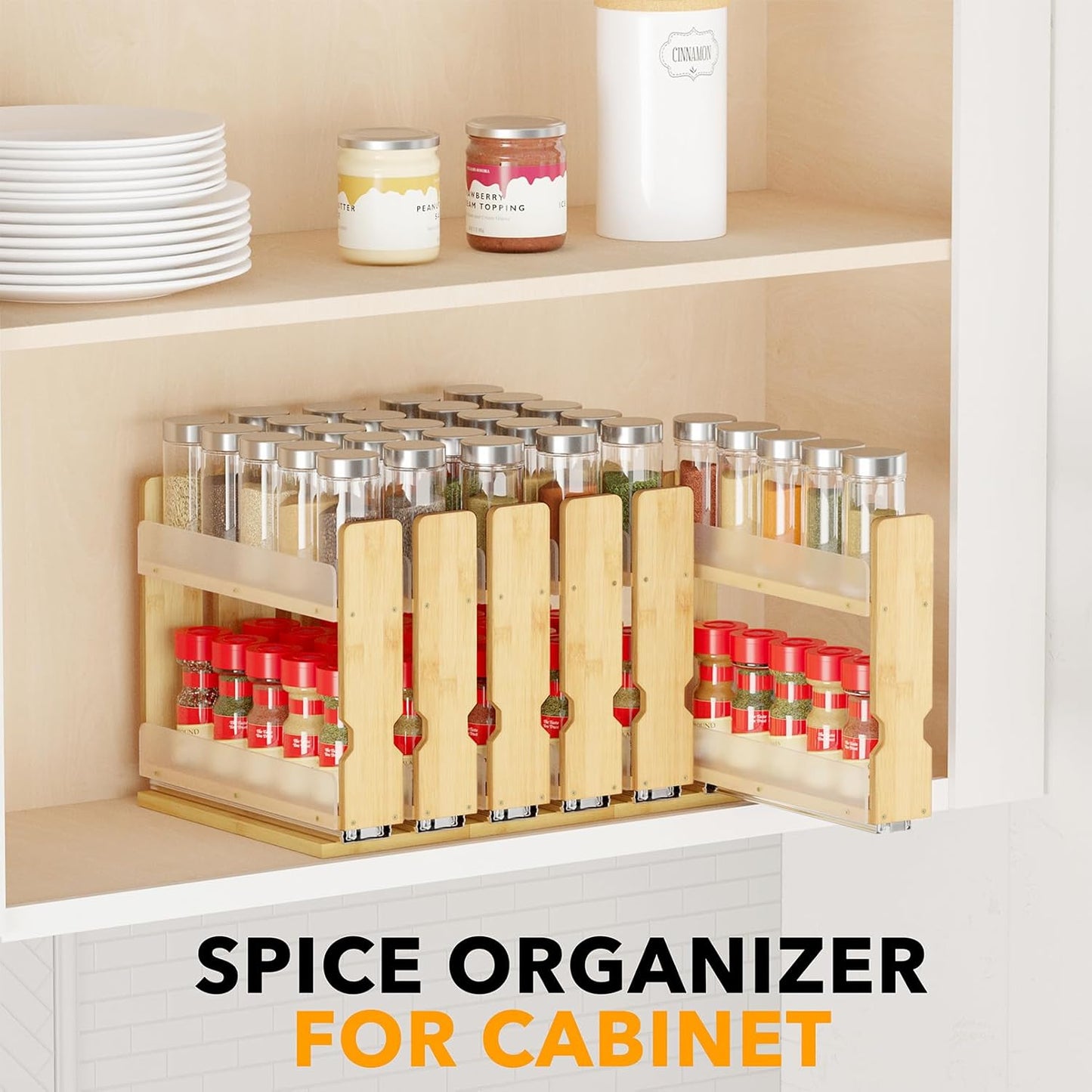 SpaceAid Bamboo Pull Out Spice Rack Organizer for Cabinet, Heavy Duty Slide Out Seasoning Kitchen Pantry Sliding Vertical Organization, 5.1" Wide, 2 Drawers(2" Wide), 2-Tier, Natural
