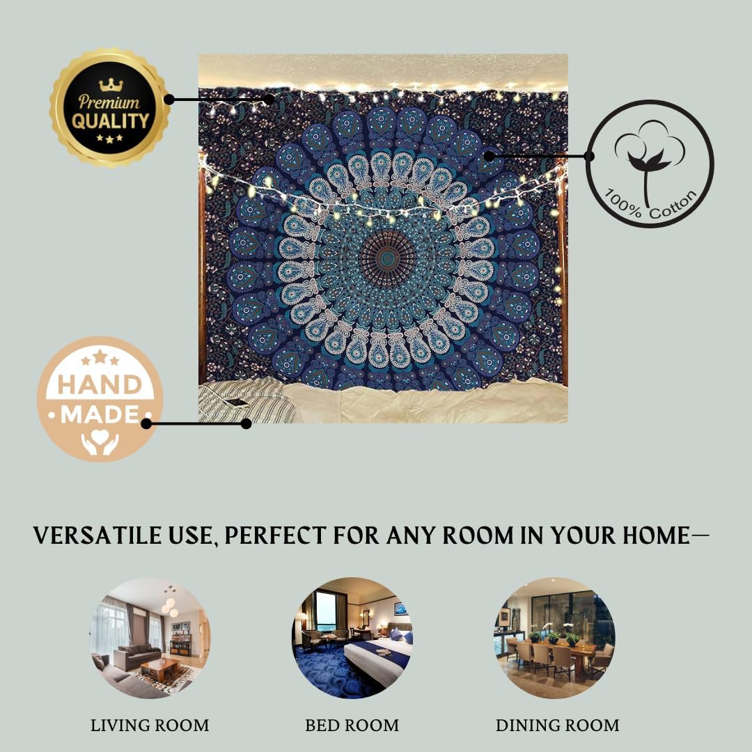Bless International Handmade Indian hippie Bohemian Psychedelic Peacock Mandala Wall hanging College Dorm Beach Throws Table Cloth Bedding Tapestry (Blue Red, King(88x104Inches)(225x265Cms))