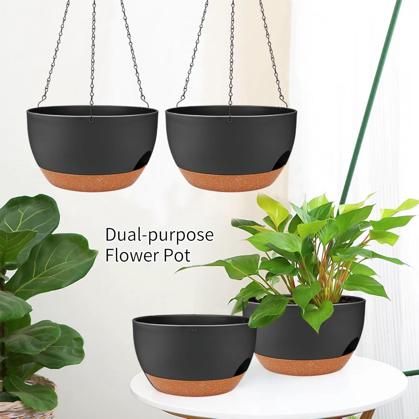 2 Pack Hanging Planters for Indoor Outdoor Plants, 12 Inch Self Watering Hanging Pot with Drainage Holes and Saucer, Plastic Plant Pots, Black Brown Flower Pots for Kitchen, Balcony, Garden