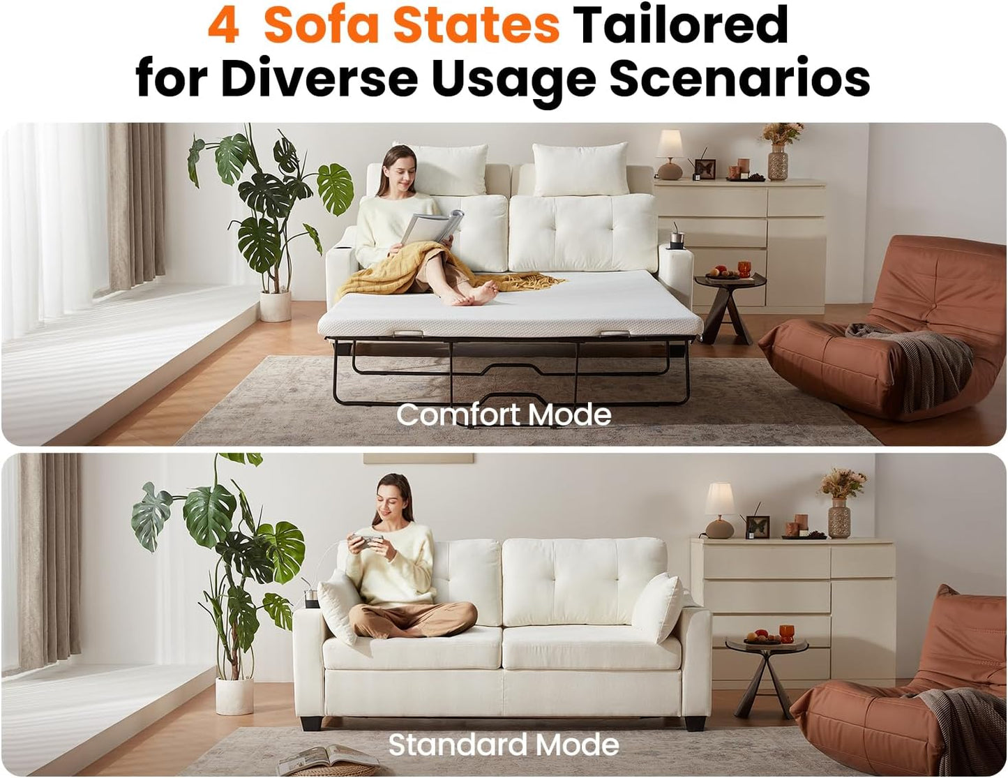 CHIC HOUSE Pull Out Sofa Bed, Full Size Sleeper Sofa, 2-in-1 Convertible Chenille Couch with USB Charging, Memory Form Corduroy Couch for Living Room, Apartment & Small Space (Beige, Chenille - Queen)