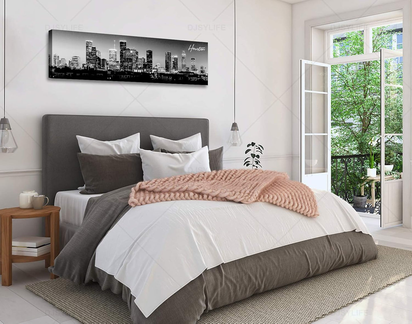 DJSYLIFE Houston Skyline Canvas Wall Art Decor Black & White City Pictures Painting Texas Cityscape Photo Print Artwork for Office Bedroom Living Room Walls Decoration Ready to Hang 13.8"x47.3"