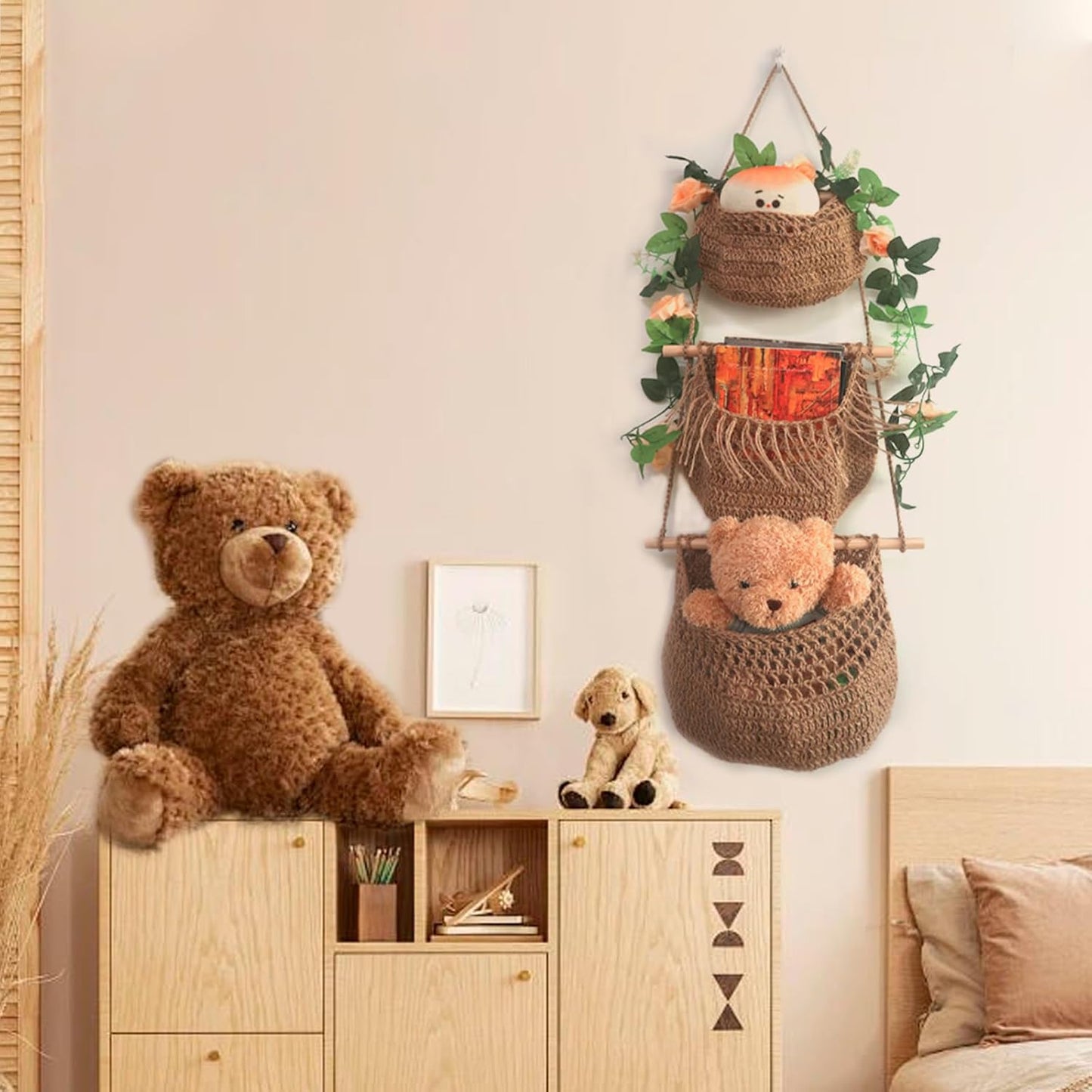 Hanging Fruit Baskets for Kitchen 3-Tier Handmade Bohemian Wall Baskets for Organizing & Decorating Living Room Bedroom Wall Hanging Basket for Onion Storage & Fruit Storage