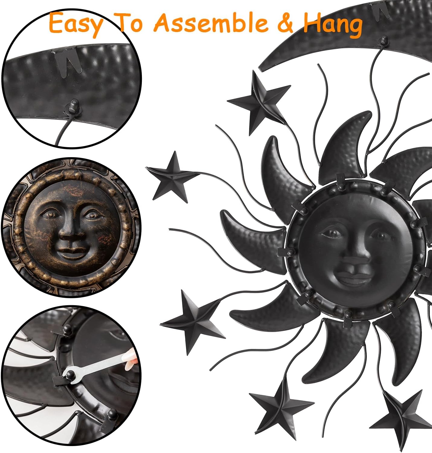 TICKCACY 27β Metal Sun Wall Decor, Vintage Sun Moon Stars Wall Hanging Decoration, Moon and Stars Wall Art Sculpture for Indoor Outdoor Living Room Bedroom Garden Yard Patio Fence