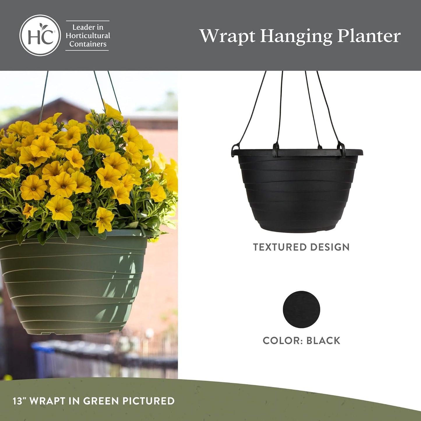 The HC Companies Wrapt Hanging Planters - Lightweight Plant Pot Hanger for Hanging Plants, Vegetables & Herbs - Outdoor & Indoor Hanging Basket for Plants (13" Black, Pack of 2)