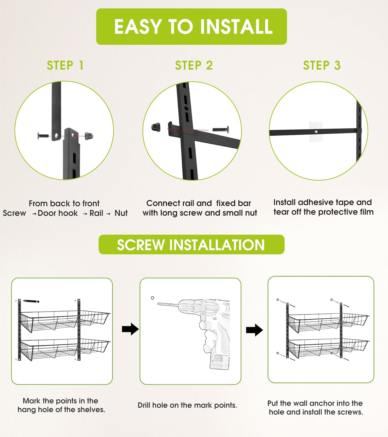 Over The Door Pantry Organizer, Wall Mount Spice Rack, Pantry Hanging Storage and Organization, 8 Adjustable Baskets Heavy-Duty Metal for Home & Kitchen, Back of Door Seasoning Rack - Black