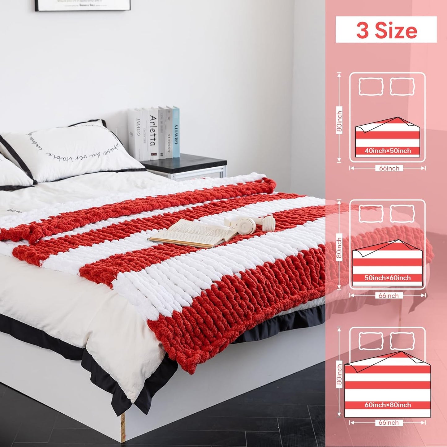 Chunky Knit Blanket - Luxury Soft Cozy 50 * 60 Throw Blanket,100% Woven Blanket Rope Knot Throw Blanket for Couch, Sofa, Home Decor, Gift - Machine Washable(White/Wine red)