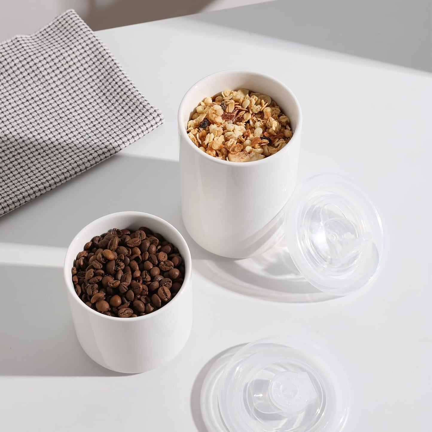 Sweejar Ceramic Food Storage Jar, Salt Container with Airtight Plastic Lid & Date Tracker, 16 Oz Kitchen Canisters for Flour, Rice, Sugar, Coffee, Spices, Pantry Organization (White)