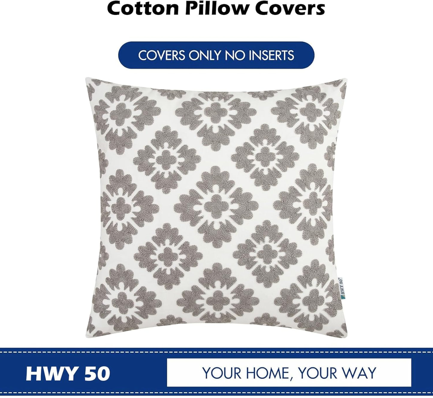 HWY 50 Grey Gray Decorative Throw Pillow Covers 18x18 Inch (1 Piece), Embroidered Cotton Farmhouse Cushion Cover Pillow Case for Sofa Couch Living Room Bed, Geometric Diamond Floral