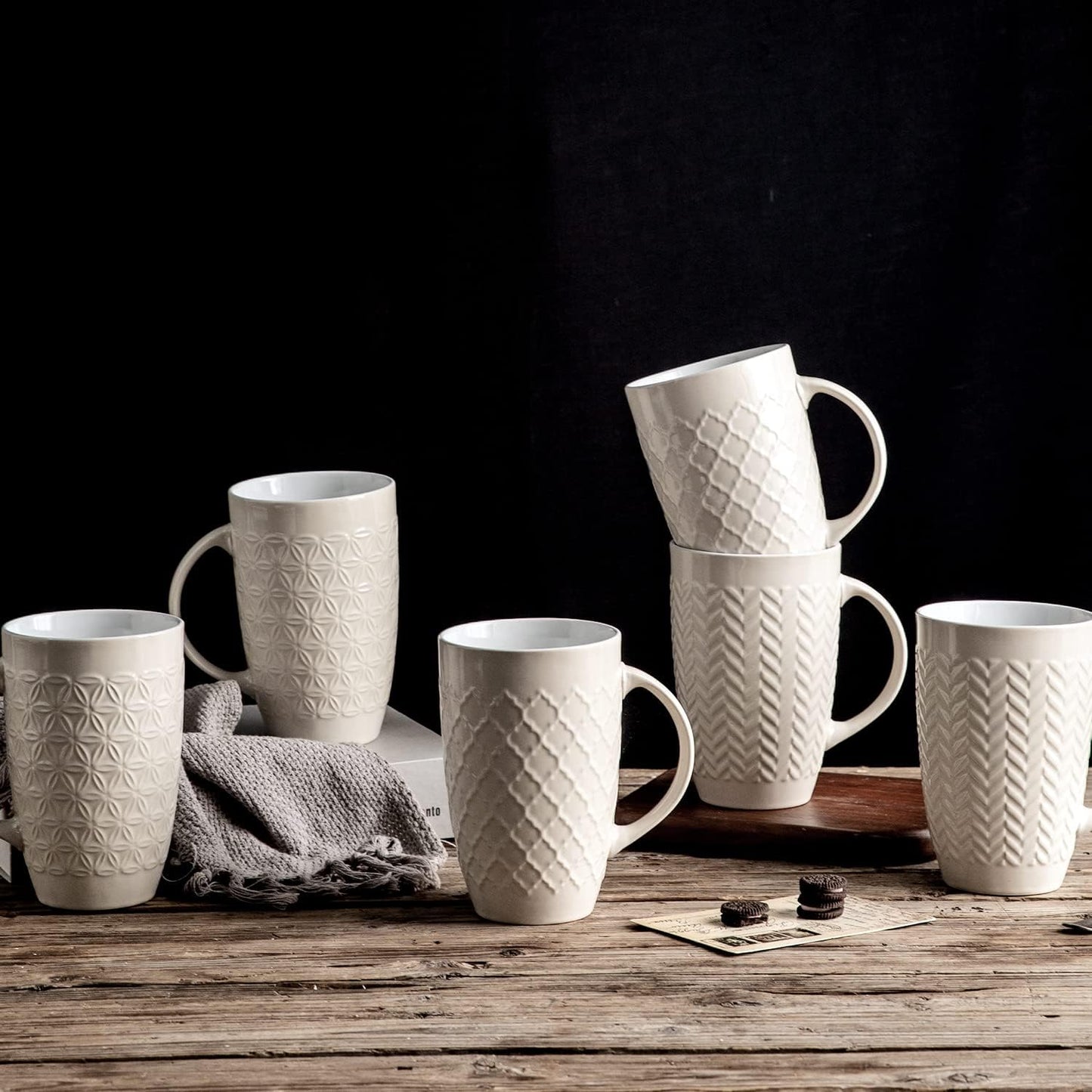 AmorArc Extra Large Coffee Mugs Set of 6, 20oz Ceramic Tall Coffee Mugs Set with Textured Geometric Patterns for Coffee/Tea/Beer/Hot Cocoa, Dishwasher & Microwave Safe,Beige