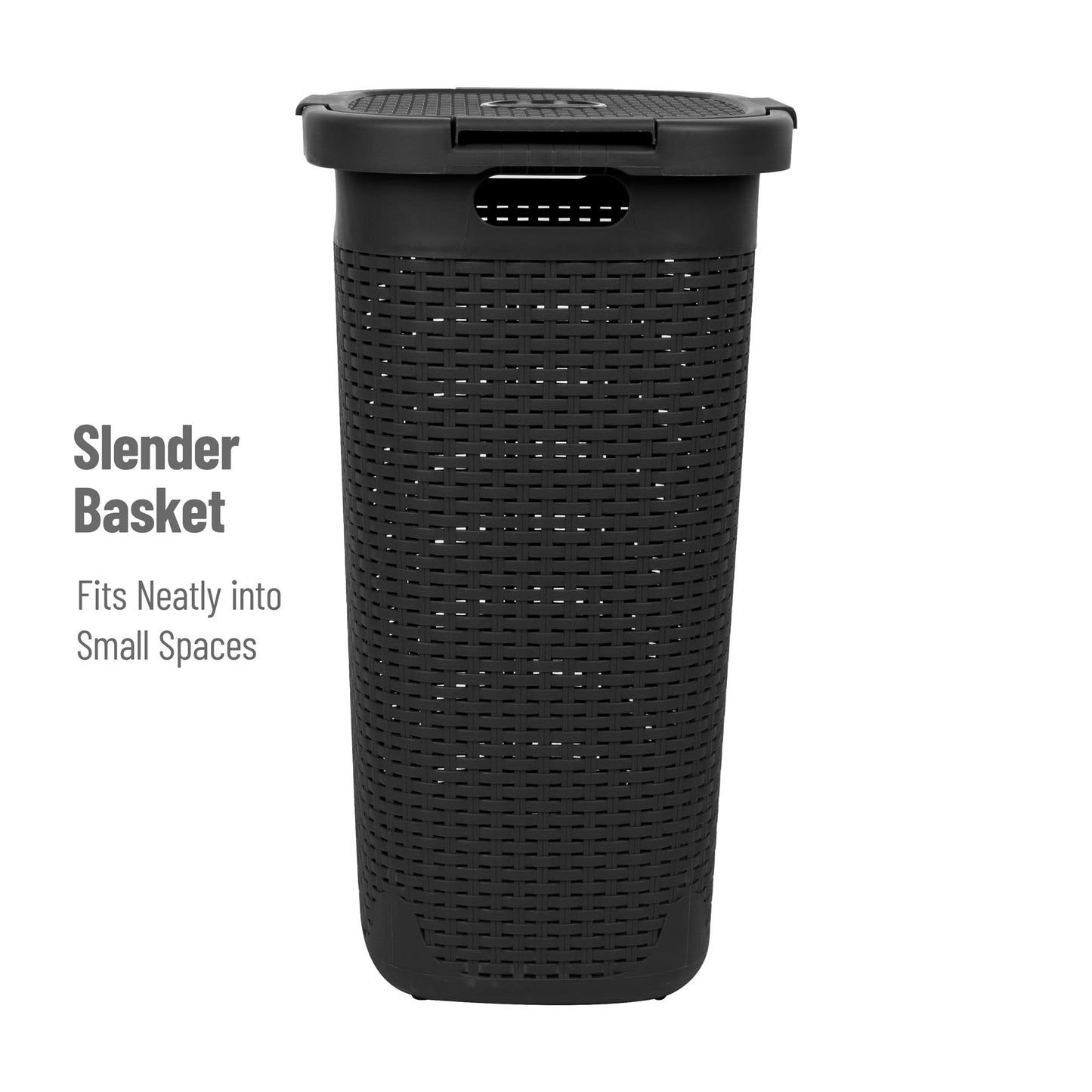 Mind Reader 60L Slim Laundry Hamper, Clothes Basket, Lid, Wicker Design, Plastic, 17.65"L x 13.75"W