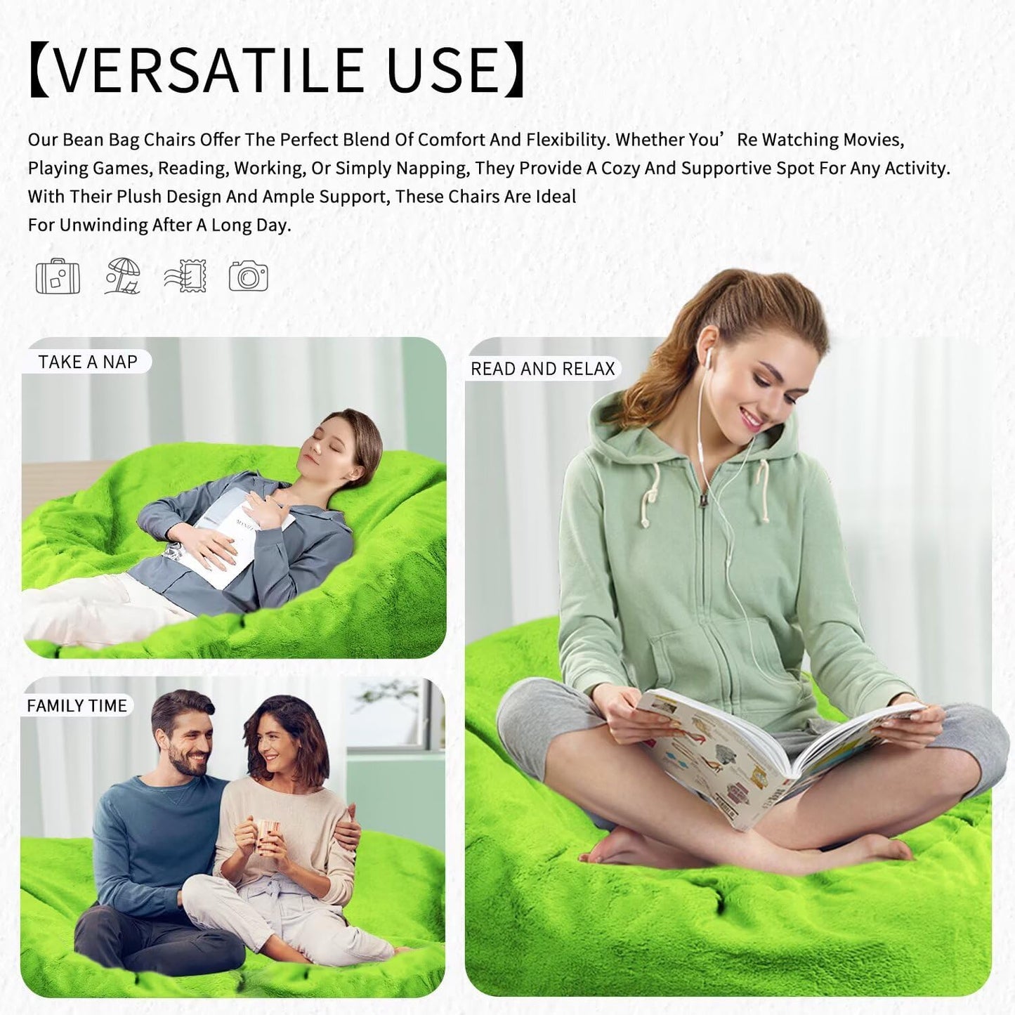 Bean Bag Chair for Adults 7FT,Soft Removable Cover for Teens/Girls Bedroom,Fluffy Giant Round Floor Beanbag Lounger Chairs (No Filler,Green)