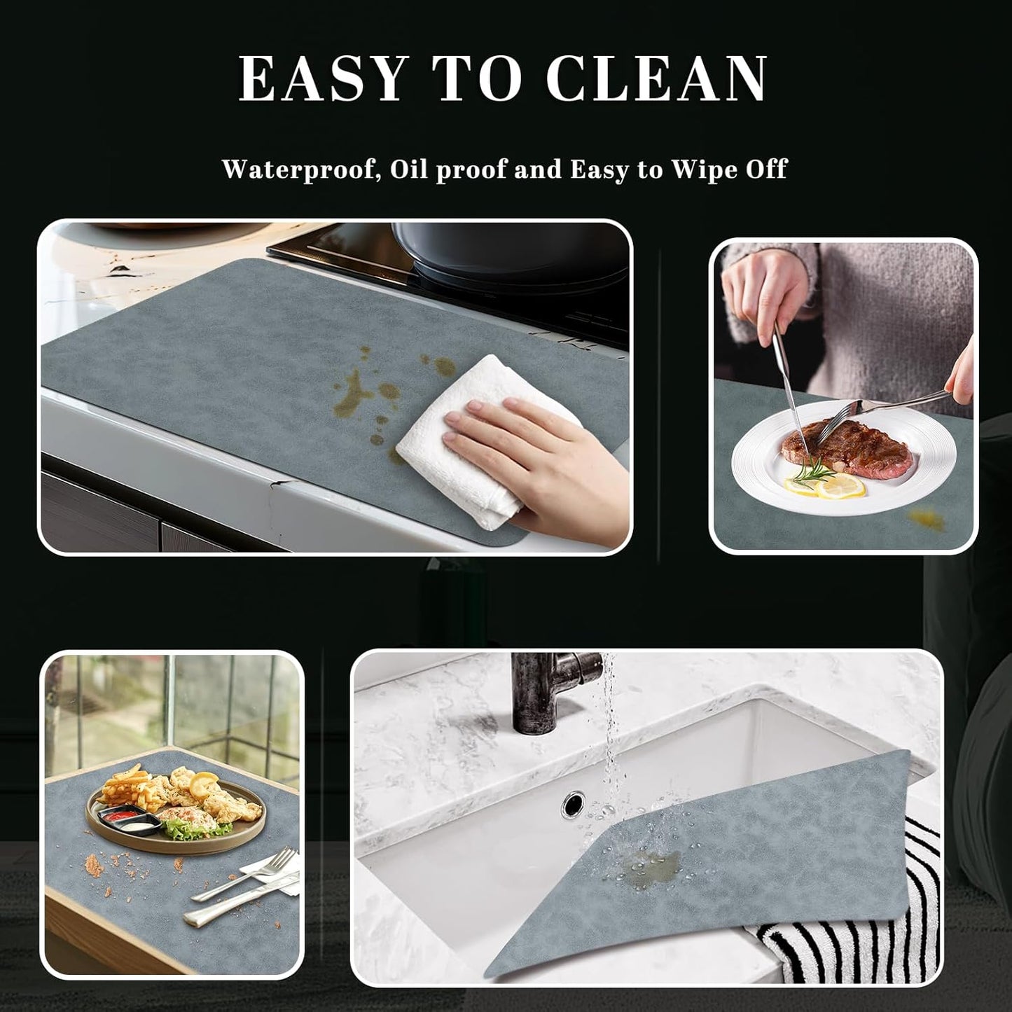 Faux Leather Placemats, Set of 4, 12''×17' Textures on Both Sides, Heat-Resistant, Waterproof and Oil-Proof, Reversible Place Mats for Kitchen, Dining Table,Outdoor-Grey&Dark Grey