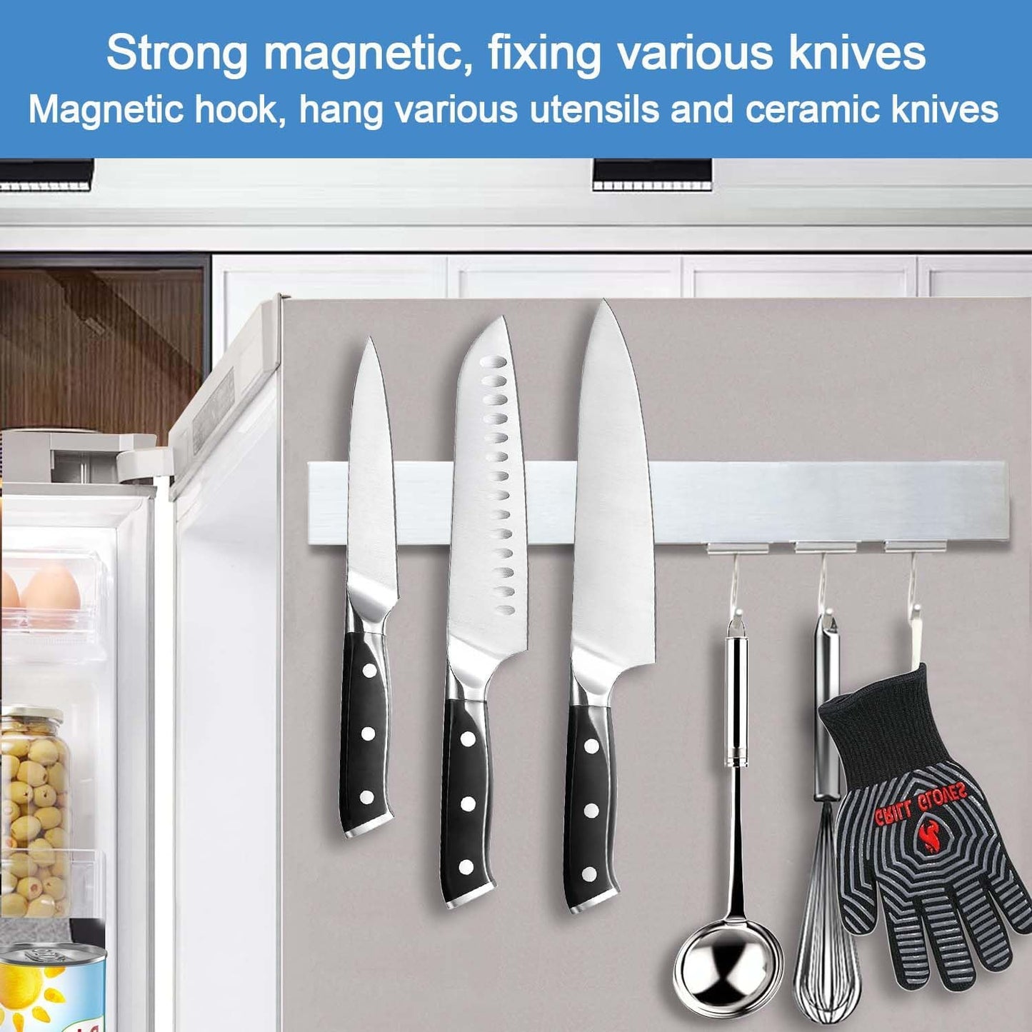 16 Inch Magnetic Knife Holder for Refrigerator - Knife Magnetic Strip for Fridge with Magnetic Hooks - Double Sided Magnetic Knife Bar - Stainless Steel Kitchen Magnetic Knife Hanger Rack
