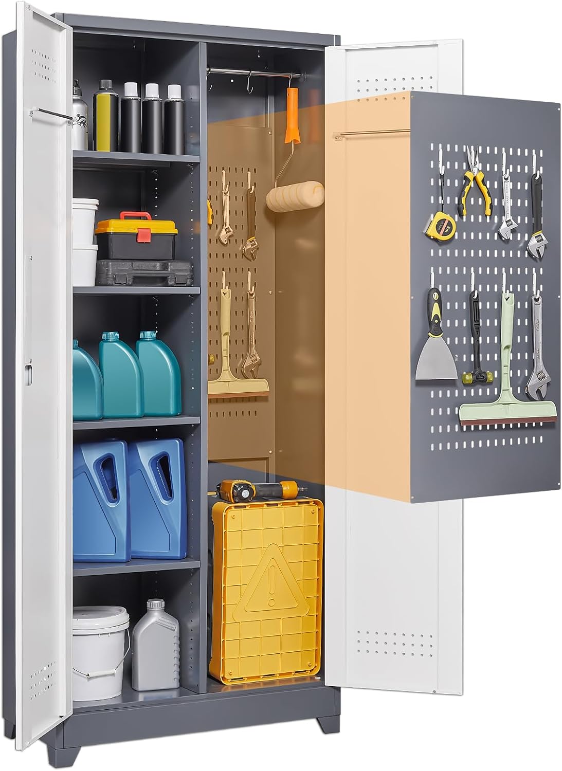 Garage Storage Cabinet,Broom Closet with Lock,Locking Cabinets with Hanging Rod & S-Hooks for School,Garage,Grey-White