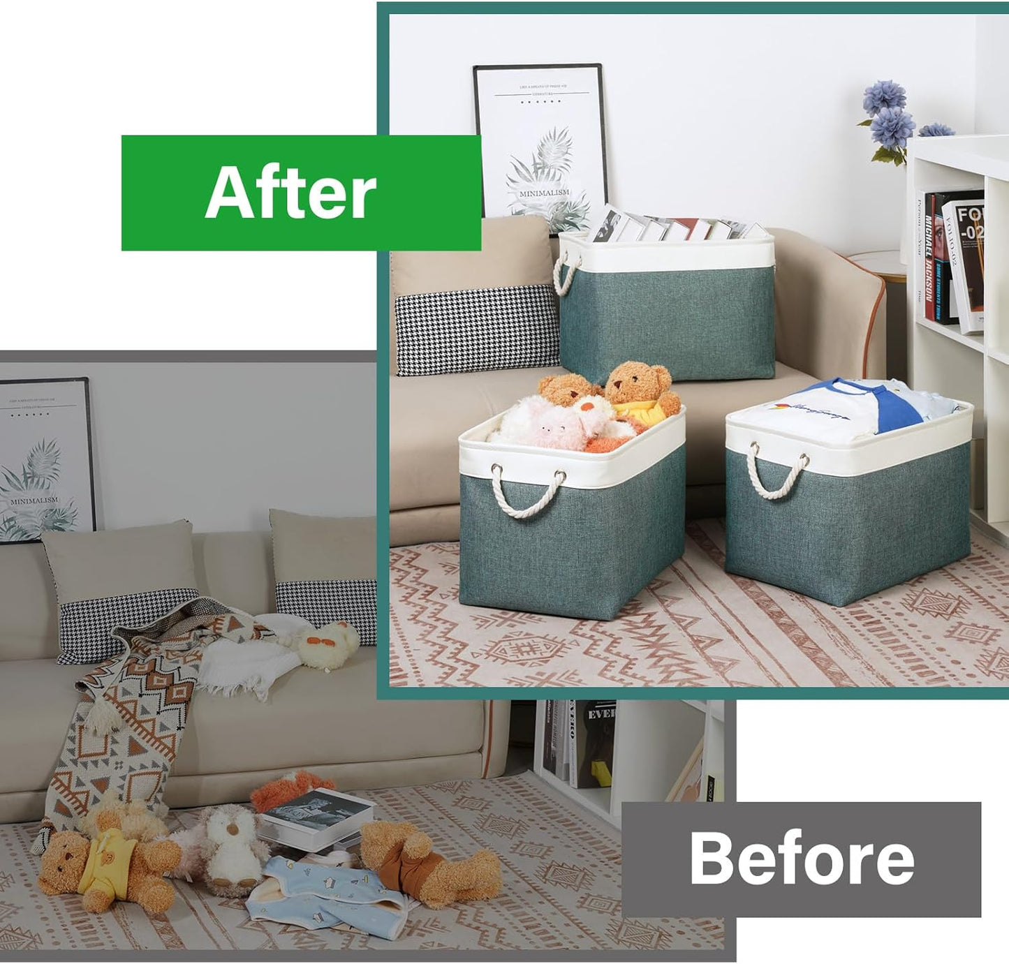 Bidtakay Large Storage Baskets for Shelves 3 Pack Fabric Storage Bins for Organizing Linen Collapsible Organizer for Closet-Deep Green