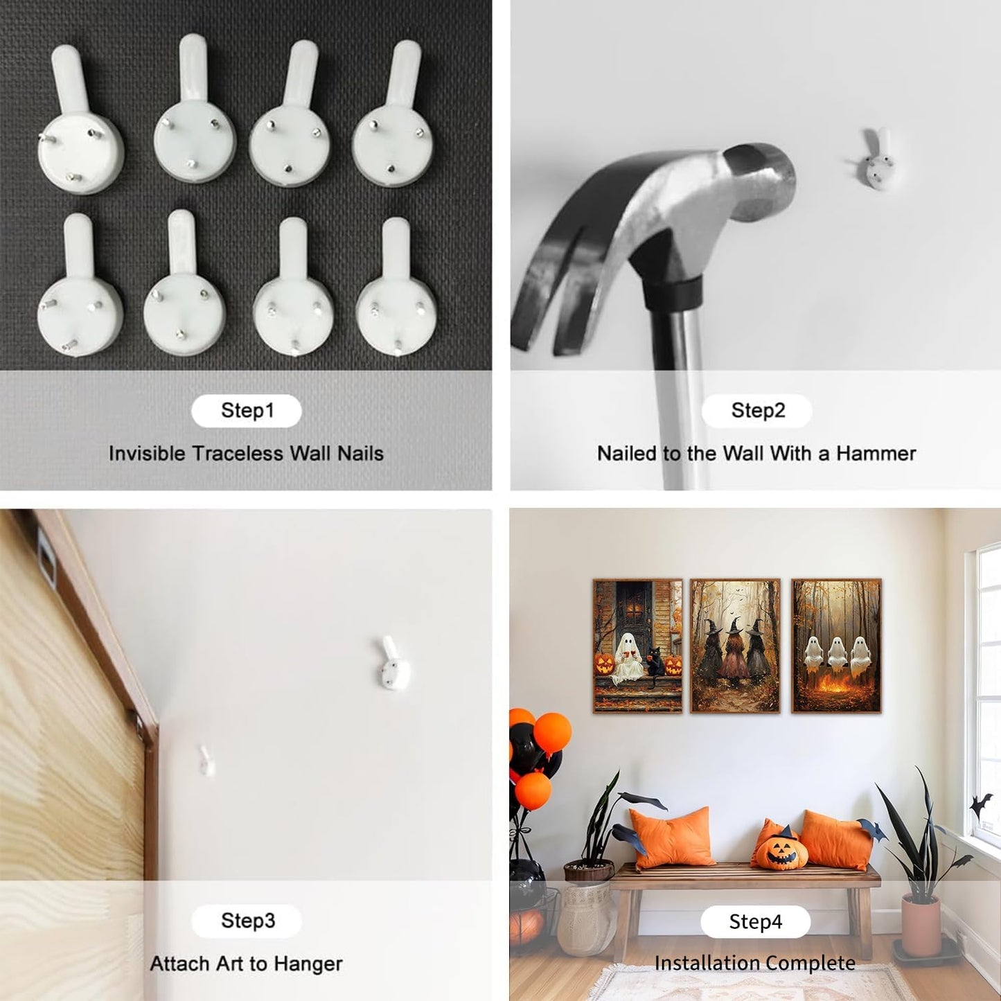 HLNIUC Framed Halloween Canvas Wall Art,Dark Witch Crow Raven Prints,Black Cat Decor,Horror Gothic Ghost Pictures Set of 3 (16"X24") Scary Pumpkin Wall Decor for Party Living Room Bedroom Decoration