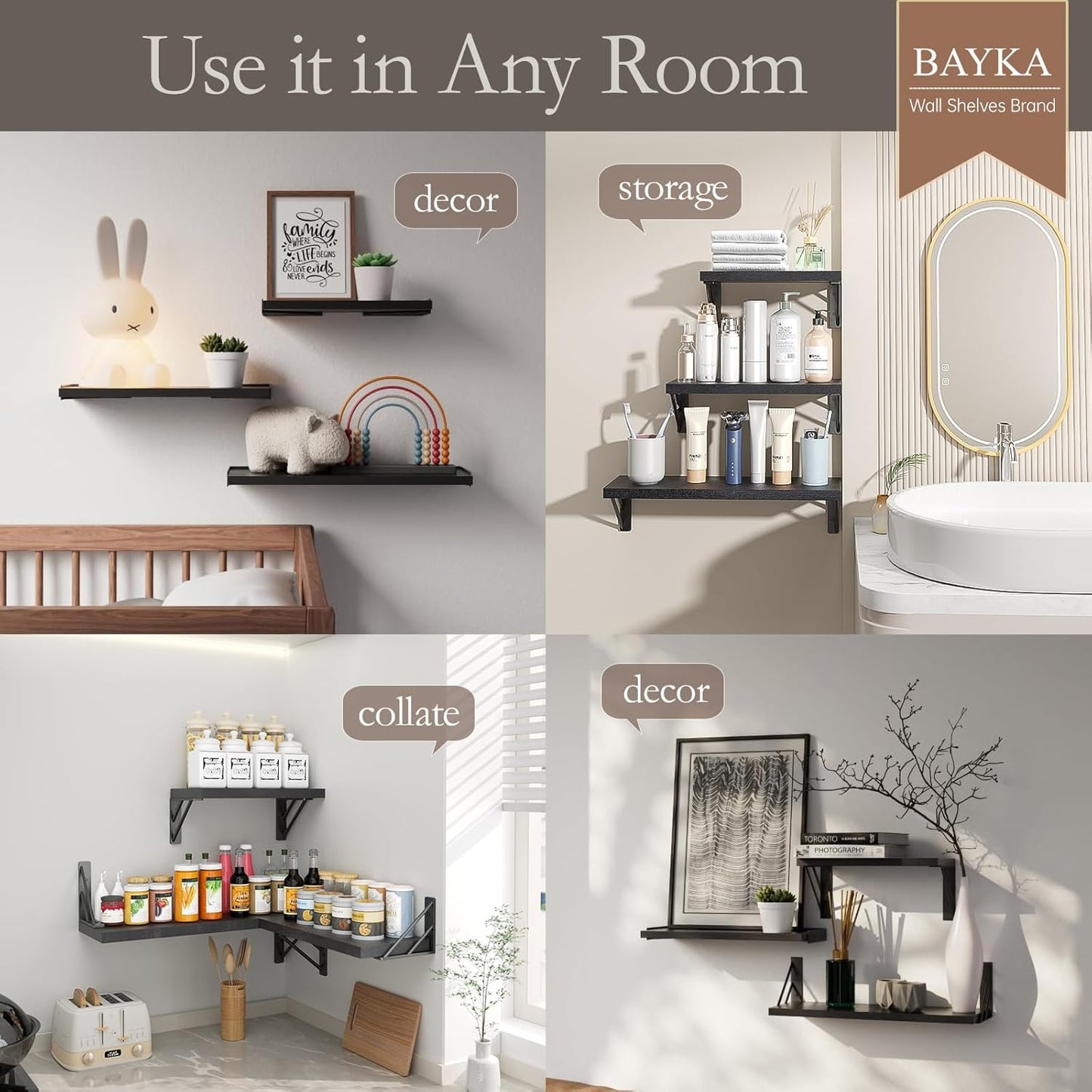 BAYKA Wall Shelves for Bedroom Decor, Floating Wall Shelves for Living Room Kitchen Storage, Wall Mounted Rustic Wood Floating Shelves for Kids Books, Corner Shelves for Bathroom, Office(Set of 3)