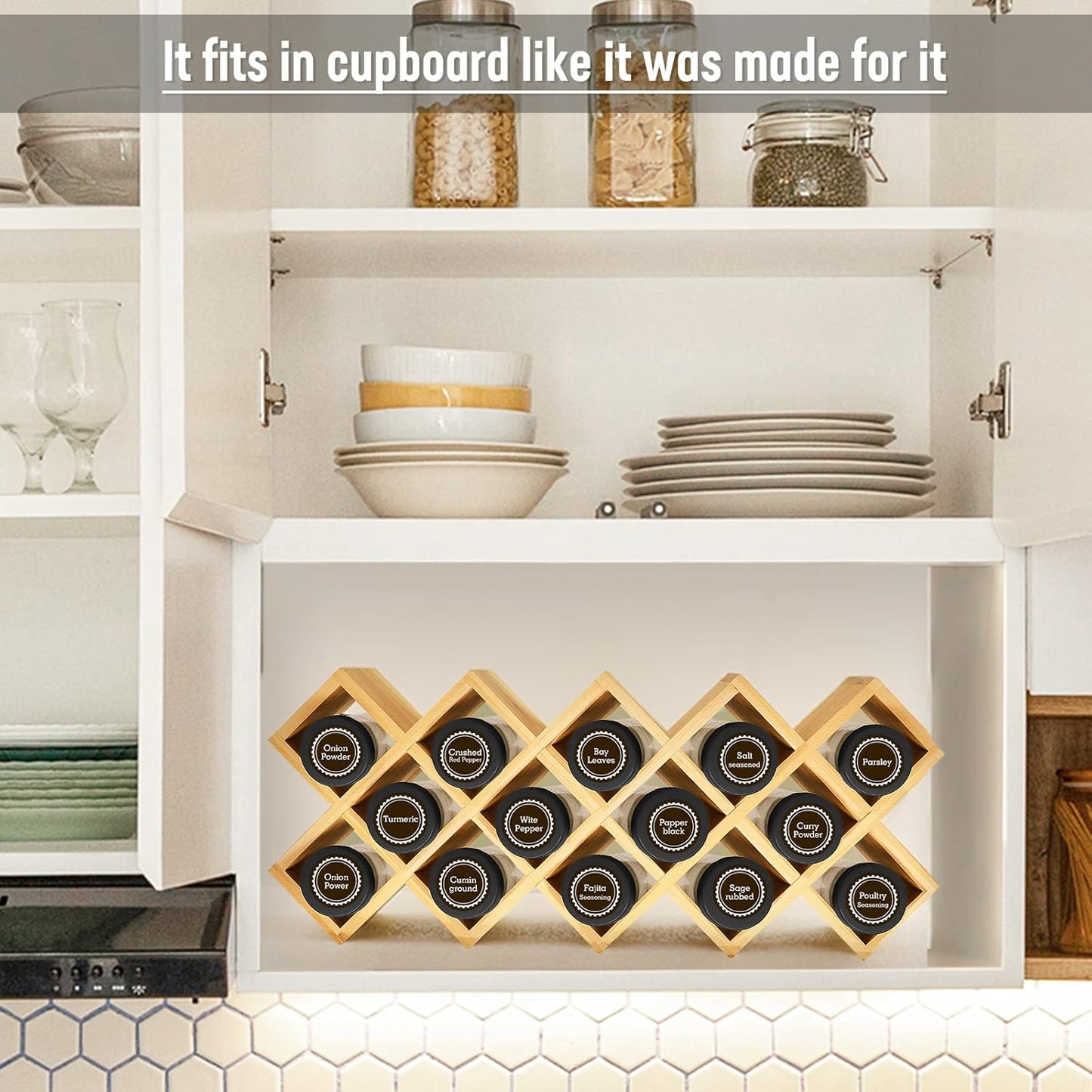 Bamboo Criss Cross Spice Rack Organizer for Cabinet, Wood Seasoning Rack Spice Holder, 18-Jar Spice Rack Tower Spice Storage for Kitchen Countertop Drawer-Jars Not Included