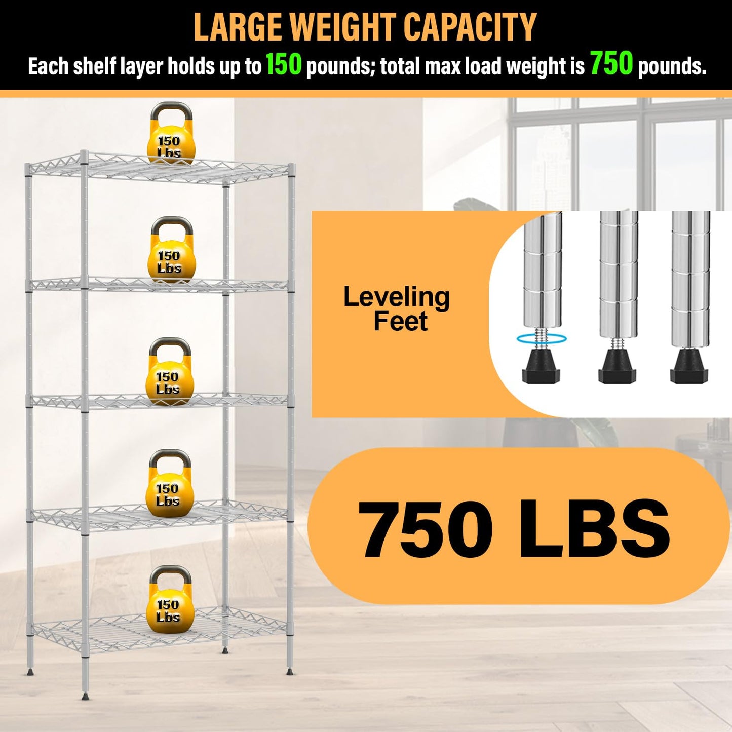 5-Tier Shelves Height Adjustable Storage Shelves Shelving Unit 21”Dx11”Wx48”H Wire Shelving NSF