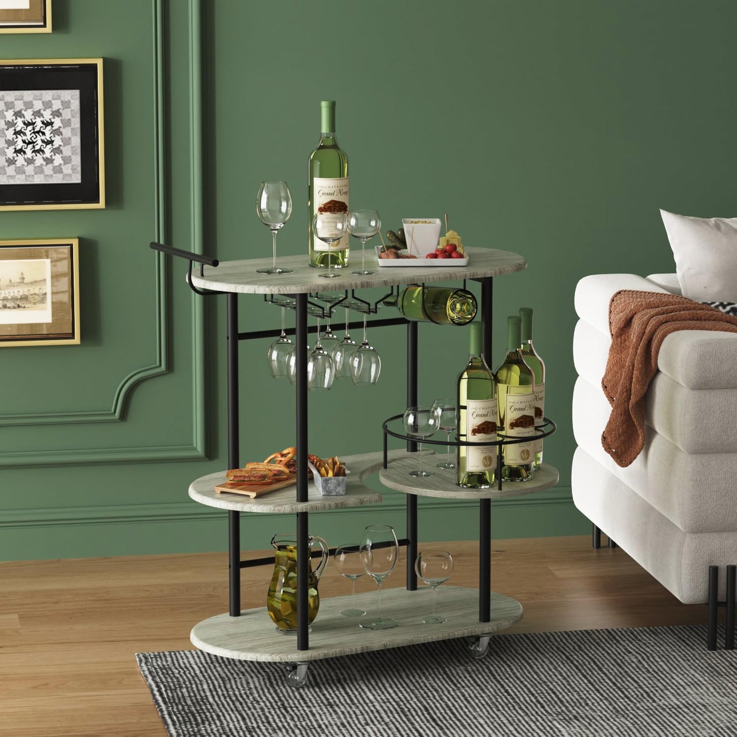 Light Gray Bar Carts with 4-Tier Storage Shelves, Mobile Bar Serving Cart with Wine Rack and Glass Holder, for The Home, Kitchen, Living Room, Dining Room