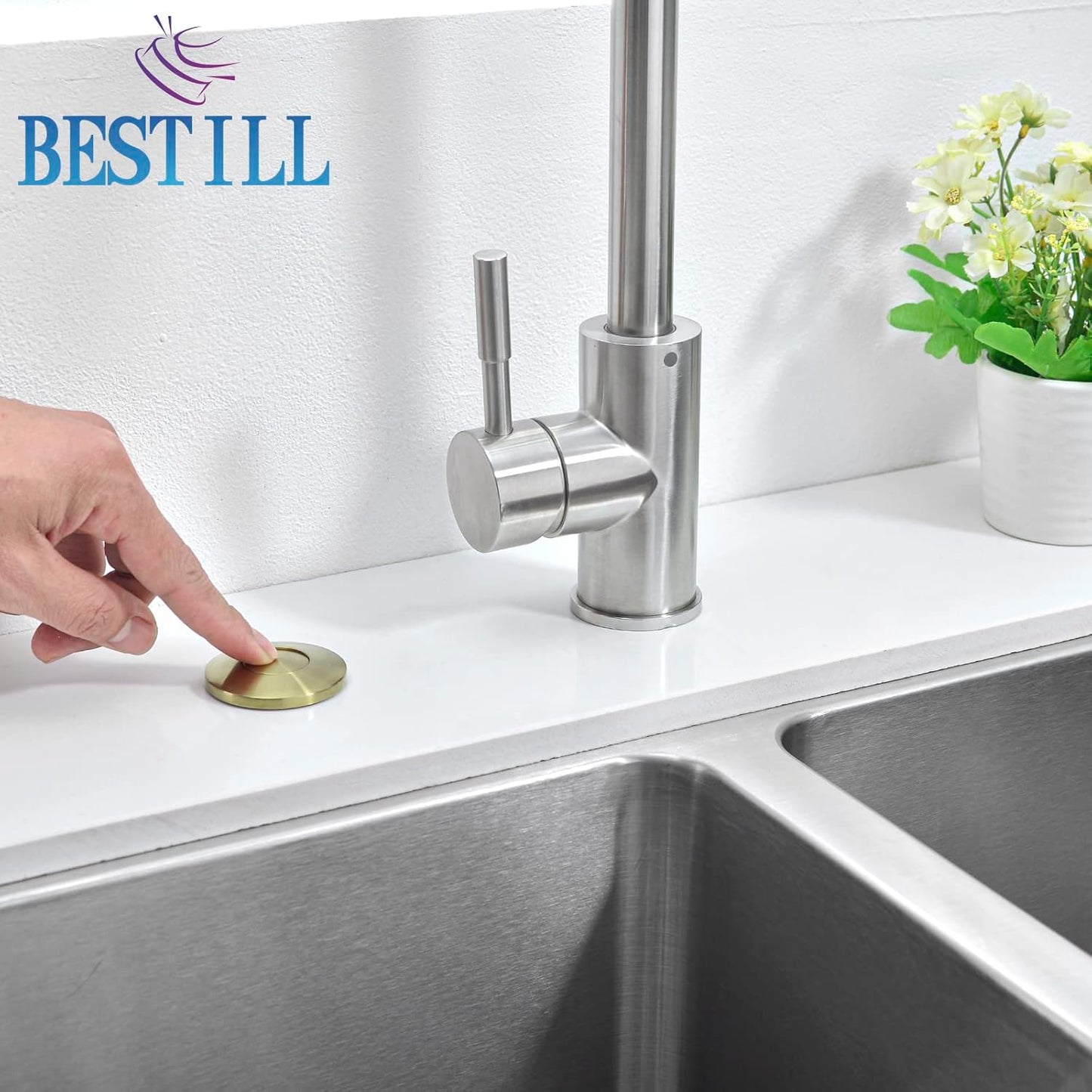 BESTILL Garbage Disposal Air Switch Kit - UL Listed, Brass 2.95" Short Sink Top On/Off Switch Button for Food Waste Disposer, Brushed Gold, Compatible with all Garbage Disposals