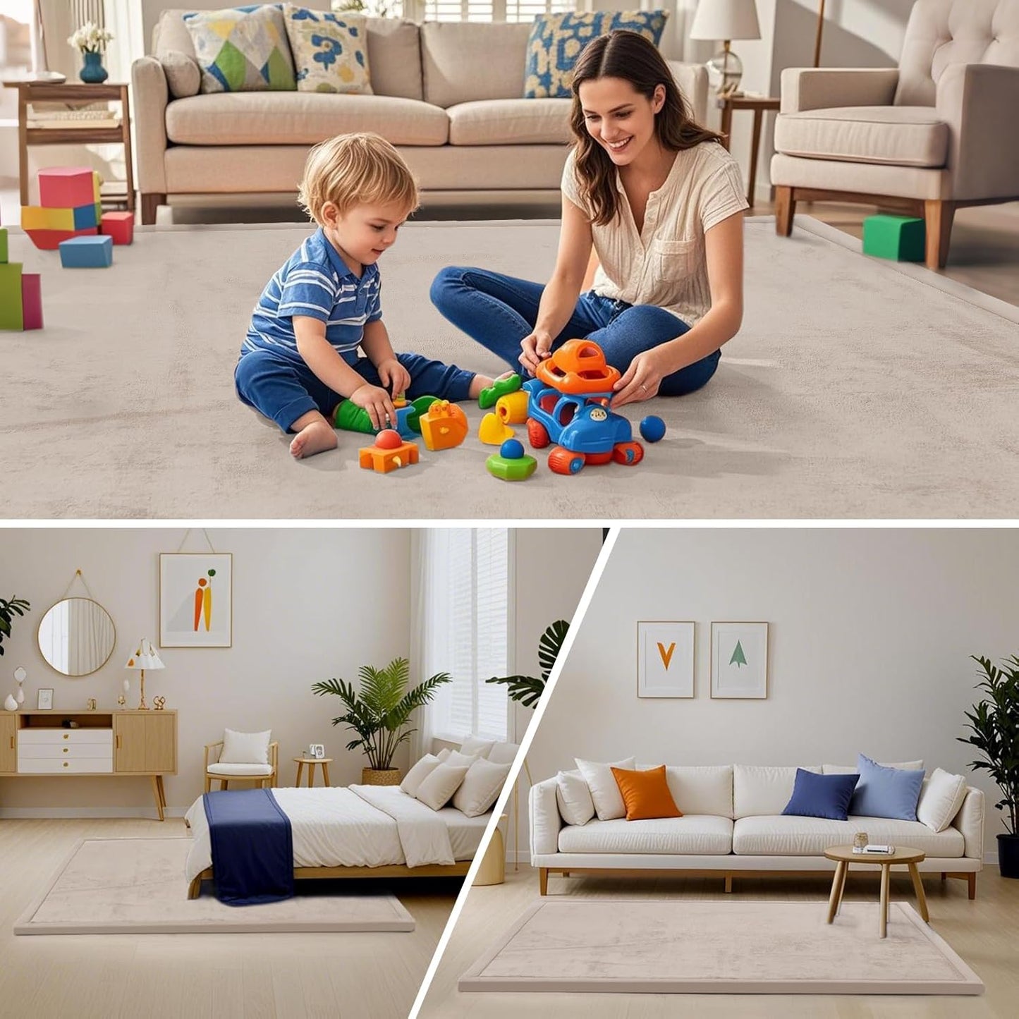 ACOMOPACK Baby Play Mat for Floor,1.3" Thick Memory Foam Area Rug for Living Room,Soft Velvet Crawling with Non-Slip Bottom for Kid,Toddler,79"×157" Tummy Time Nursery Rugs,Yoga(Beige)