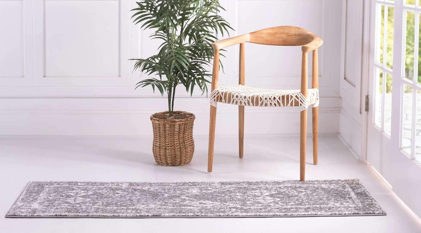 Unique Loom Rosso Collection Vintage, Traditional, Bohemian, Geometric, Distressed, Southwestern Area Rug (2' 7 x 10' 0 Runner, Gray/Ivory)