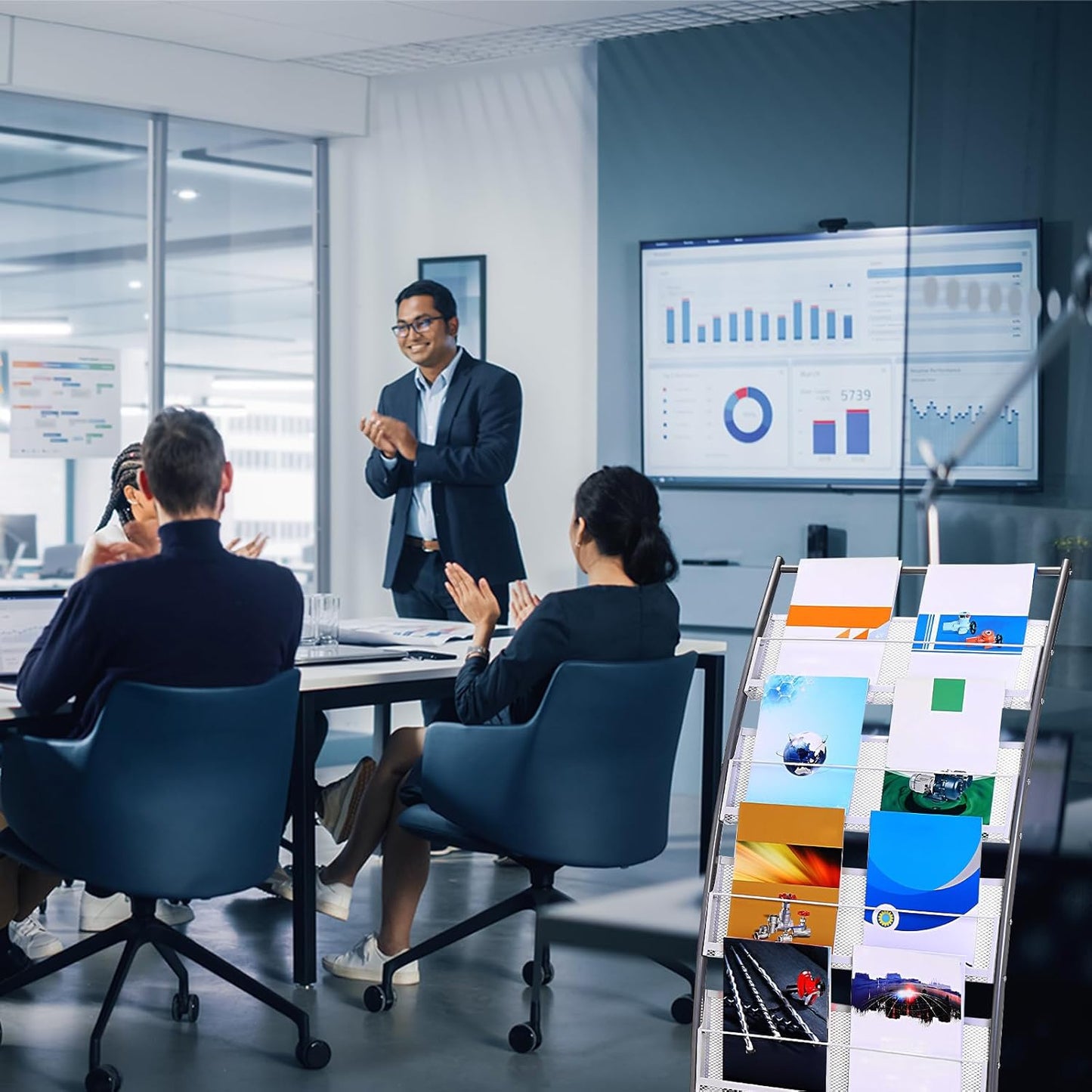 PATIKIL L-shaped Magazine Display Racks Floor Standing 4 Layers Brochure Stand Catalog Literature Holder with Wheels for Hotel, Exhibition, Trade Show, Office