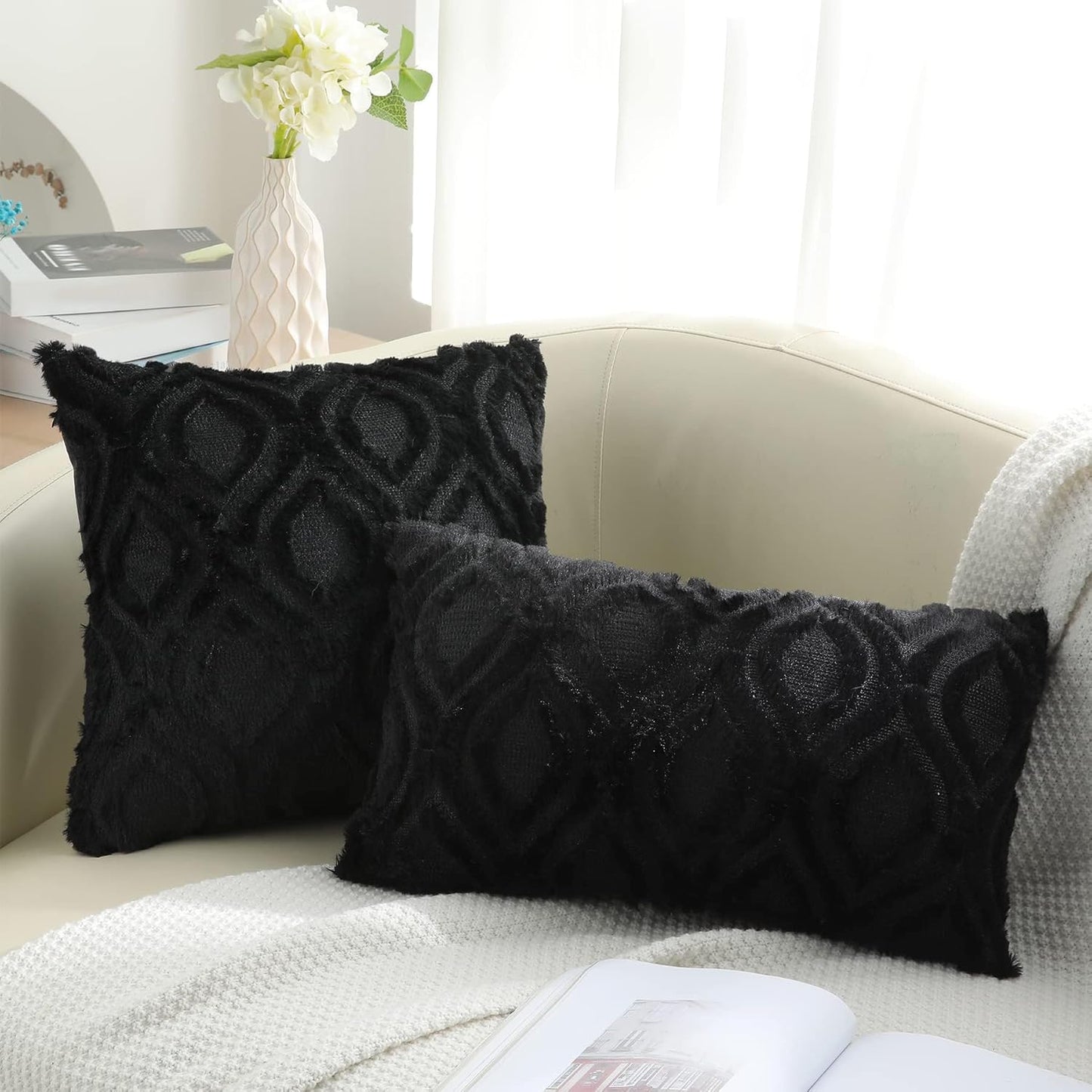 decorUhome Fall Throw Pillow Covers 16x16 Inch Set of 2, Soft Plush Decorative Faux Fur Black Solid Couch Pillow Covers, Accent Farmhouse Neutral Square Euro Pillow Cases for Sofa Bed Living Room